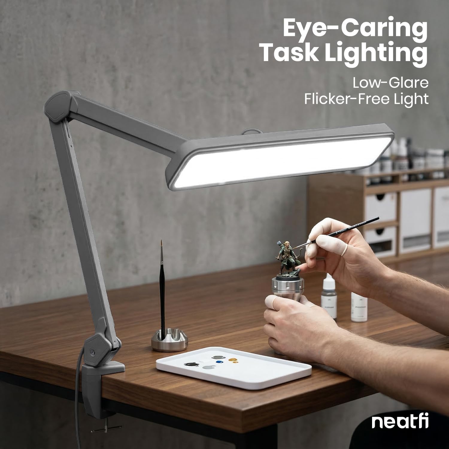 Neatfi XL 2,500 Lumens 30W LED Task Lamp for Manicure Table, Crafts, Workbench, Office – 22' Wide Shade Desk Light | Eye-Caring 6500K | 4-Level Brightness (Silver, Non-CCT with Clamp)