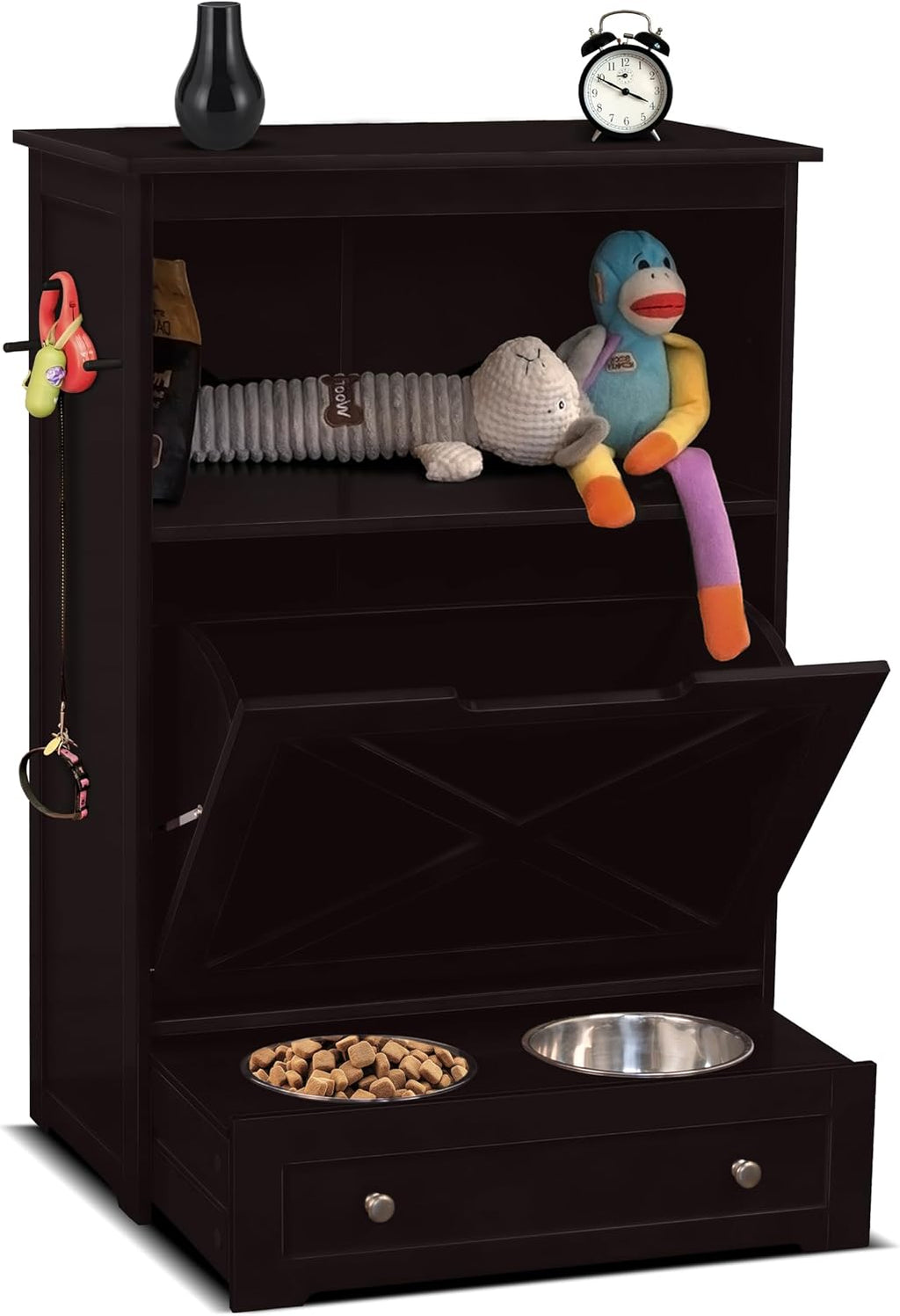 zoovilla Pet Feeding Station Furniture with Storage, Stylish Pet Food Cabinet with 2 Pull-Out Elevated Bowls, Tilt-Out Open Shelf Storage with 3 Hangers, Black.