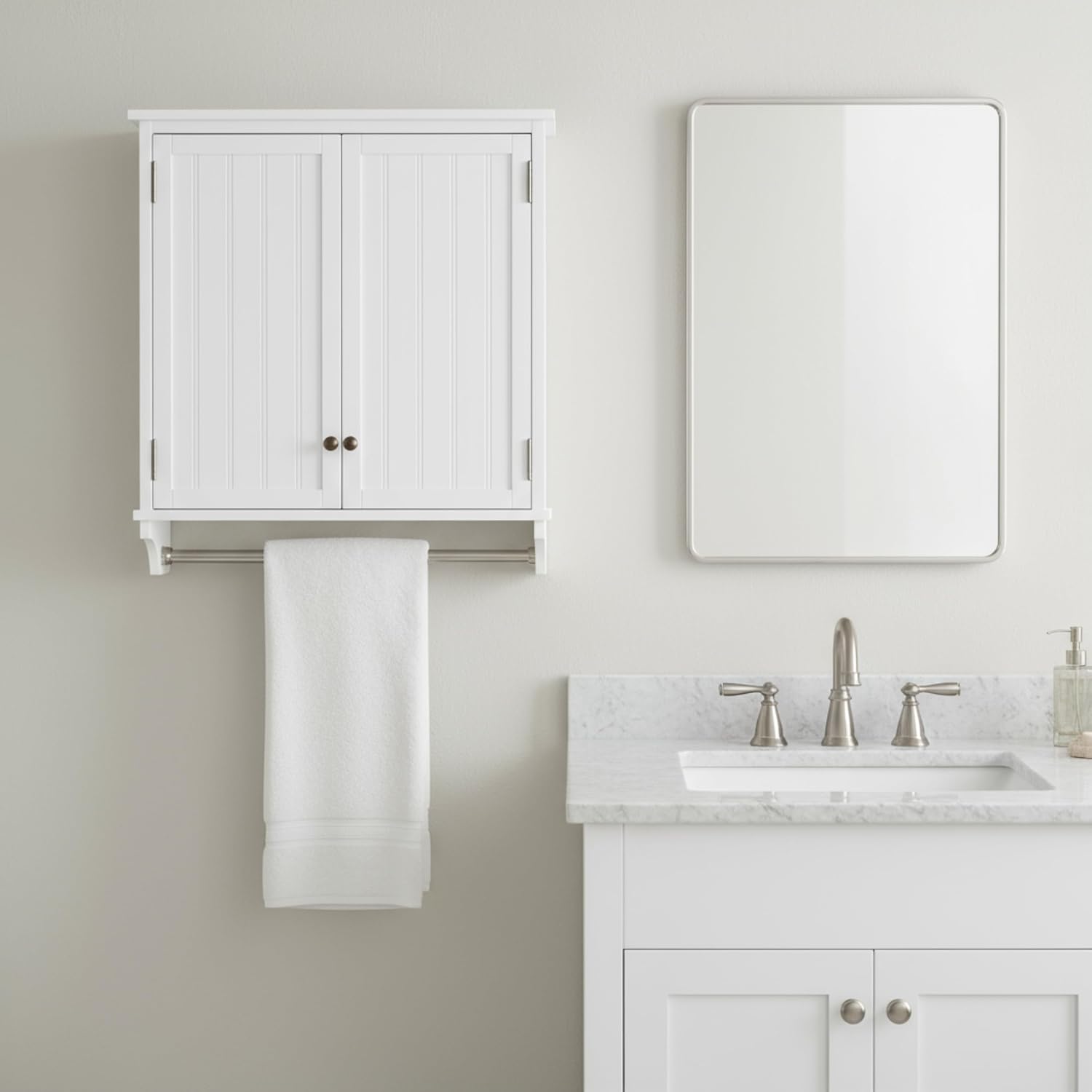 Dover 27' x 29' Wall Mounted Bathroom Storage Cabinet with Shaker Beadboard Doors, Two Adjustable Shelves and a Towel Bar – White Wall Cabinet for Bathroom, Laundry, or Entryway by Alaterre Furniture