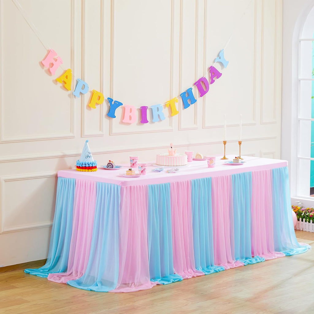 Besutolife Blue Pink Tulle Tablecloth for Rectangle Tables 6ft 3 Sides for Wedding Birthday Party Baby Shower Cake Dessert Buffet Banquet Table Decorations 6Pack