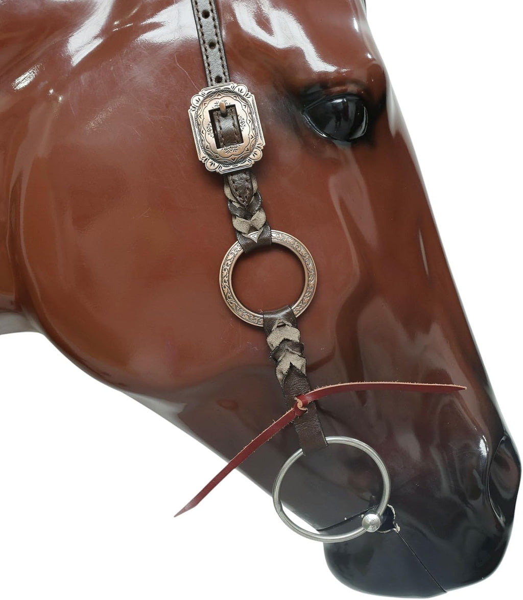 Western Ring Headstall and Breast Collar Set – Copper Rings, Black Alligator Leather Braiding & Cowhide Buck Stitching – Argentina Cow Leather, Antique Copper Hardware