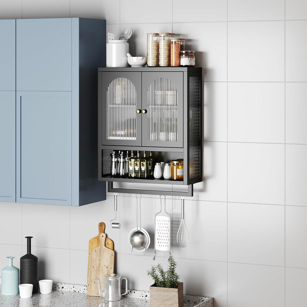 ALBAD Bathroom Cabinet Wall Mount,Metal Medicine Cabinet Wall Mounted with Glass Doors,Bathroom Wall Storage with Adjustable Shelves for Kitchen,Dining Room, Laundry