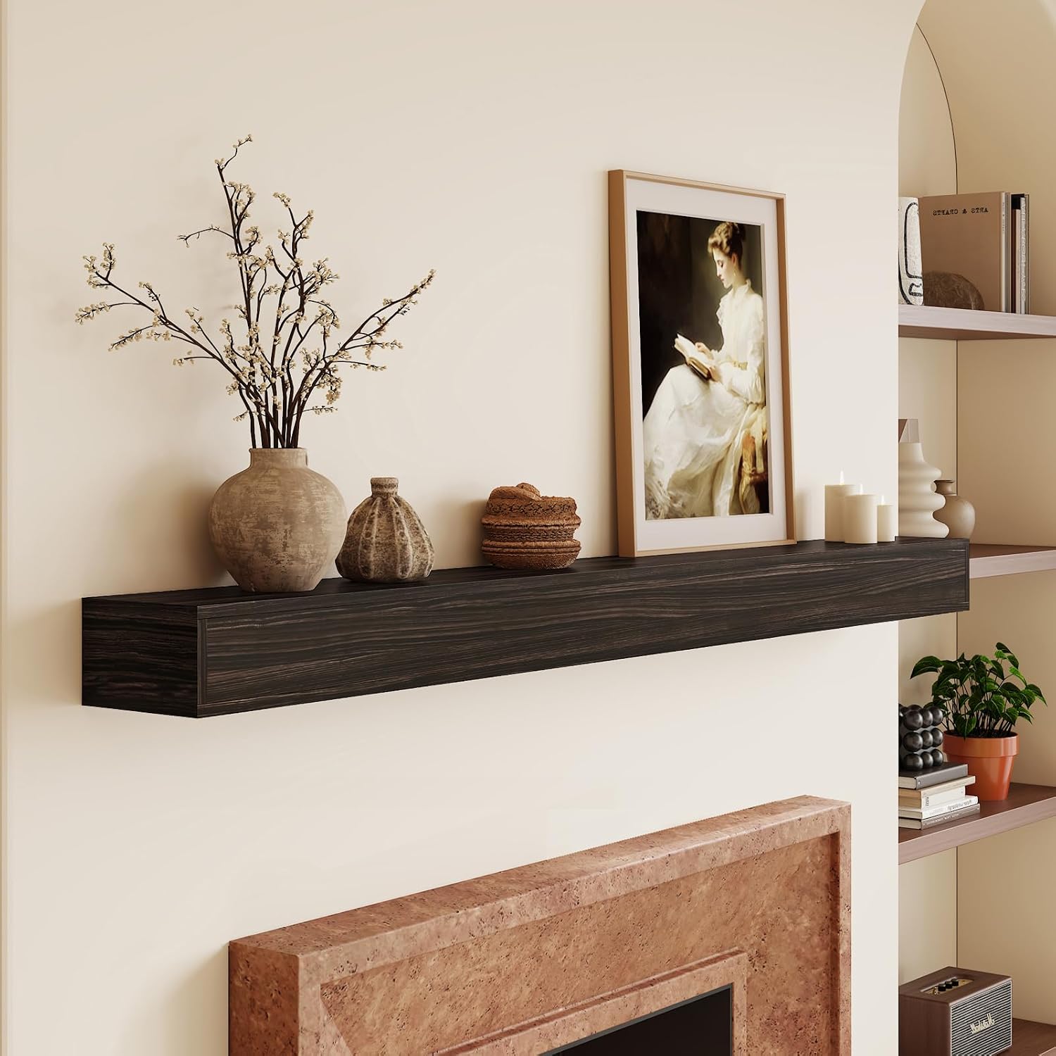 Fireplace Mantel 72inch - Solid Wood Mantel Shelf with Hidden Brackets | Floating Mantle Shelves Decor for Wall,Bedroom,TV,Livingroom(Black)