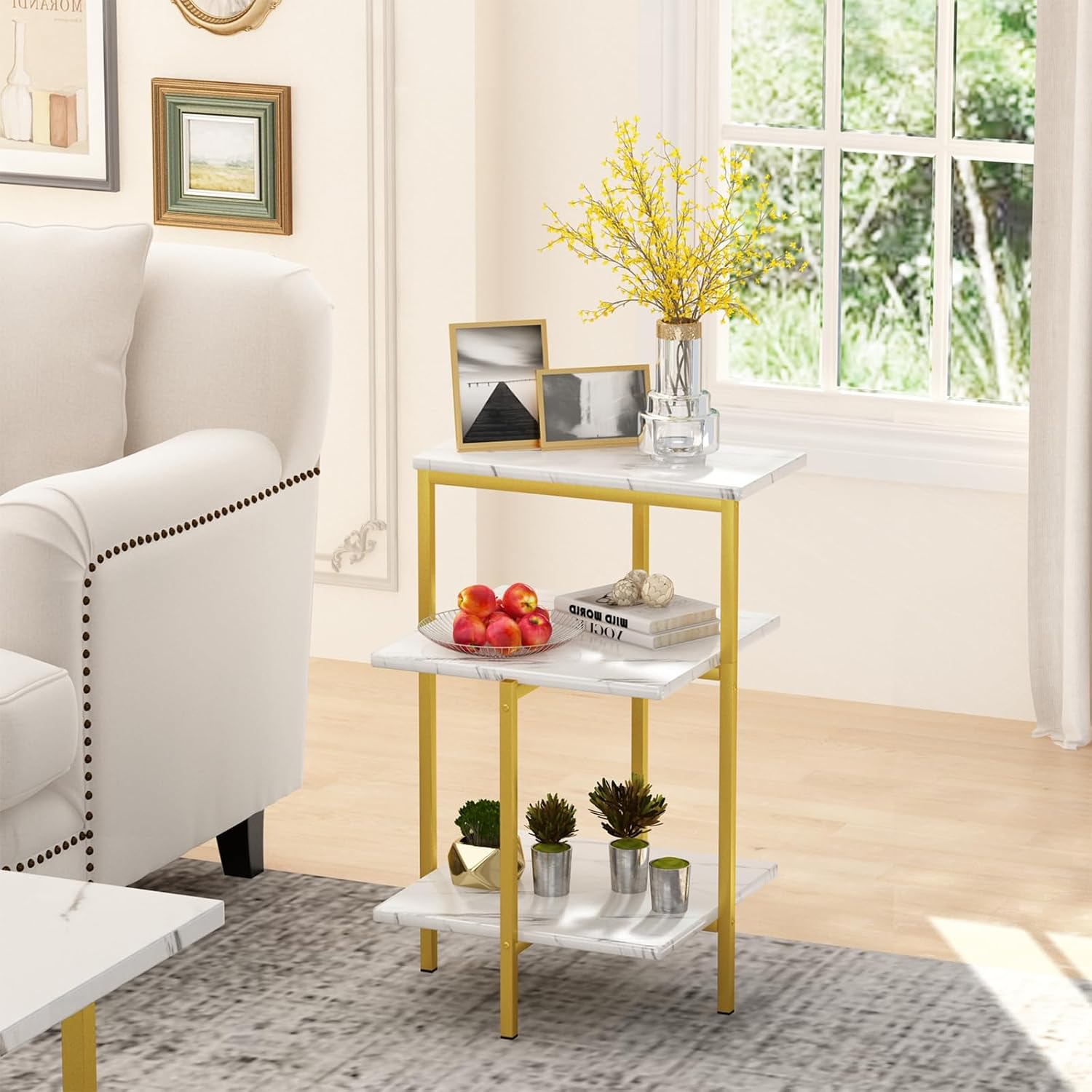 Lamerge Coffee Table Set of 3,Rectangle Coffee Table&2 Accent Table,Faux Marble Tabletop,3 Piece Living Room Table Sets with Multi Tier Storage, for Small Space, Apartment,White & Gold (LCTS-wg)