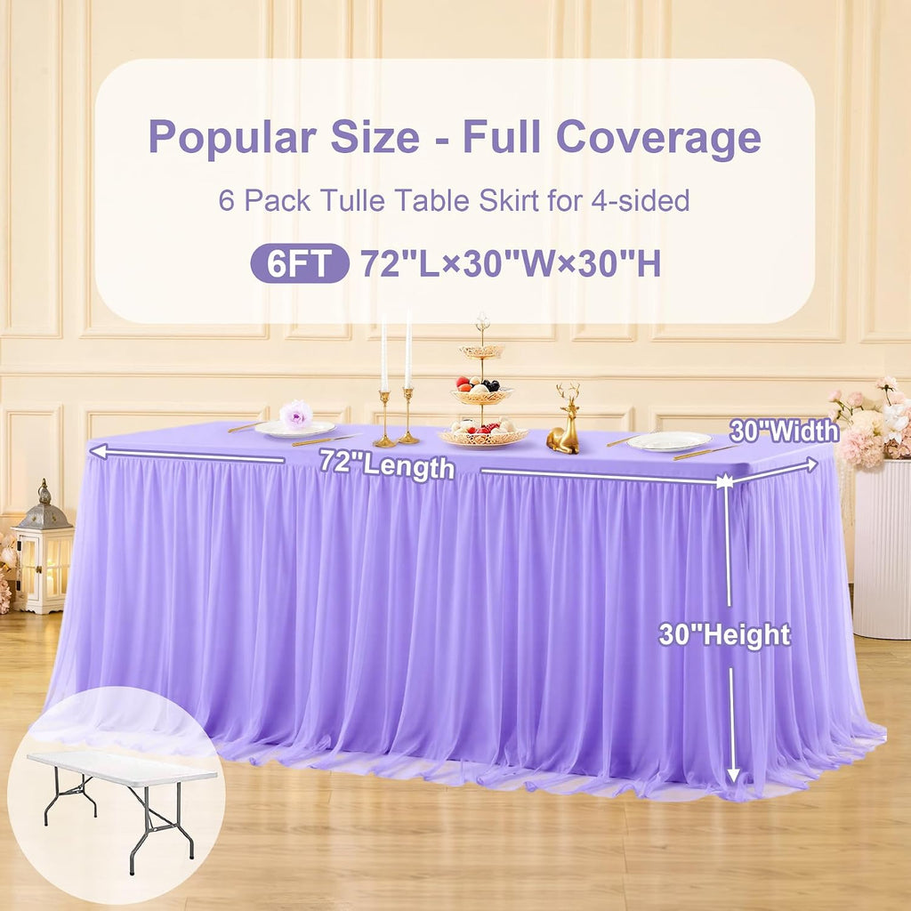 6 Pack Lavender Tulle Tablecloths with Skirt for 6 Foot Rectangle Tables Party Ruffle Tutu Tablecloth 6FT Stretch Fitted Table Cover for Wedding Reception Birthday Baby Shower Celebration Banquet