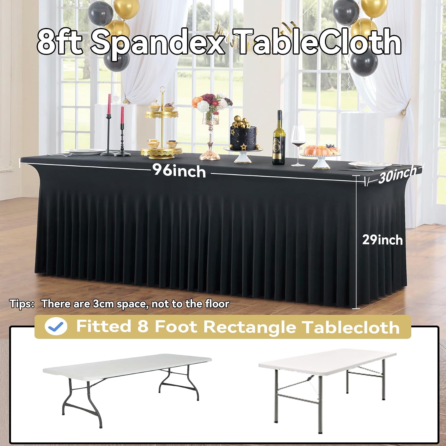 12 pk Black Spandex Tablecloth 8ft with Ruffled Skirt,Wrinkle Free High Stretch Fitted Tablecloths for 8 Foot Rectangle Tables,Pleated Elastic Spandex Table Covers 8ft for Parties Wedding Banquet