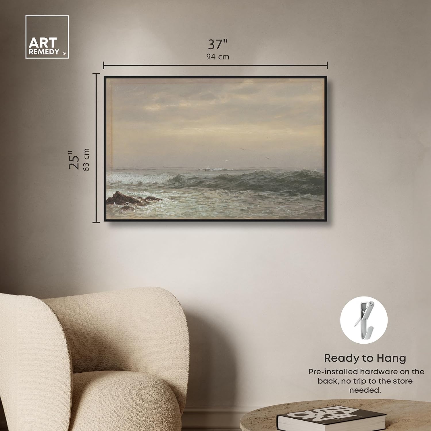 Art Remedy Rocks and Breaking Waves Canvas Coastal Classic Art, Black Frame, 36' x 24'