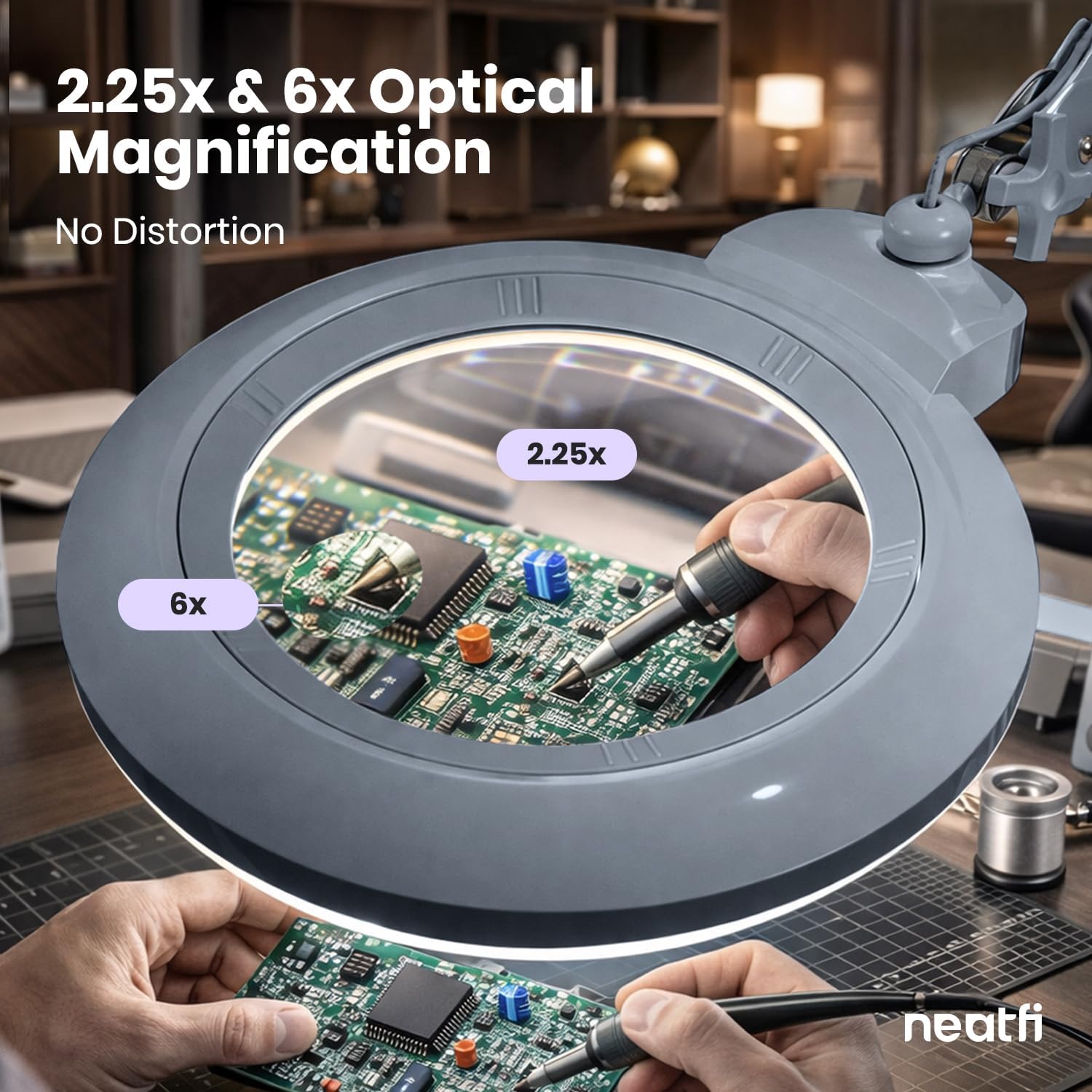 Neatfi XL Bifocal LED Magnifying Lamp, 7' Acrylic Lens, 2.25X/6X Magnification, 1,600 Lumens Dimmable | Hands-Free Close Work | Crafting, Jewelry & Reading (Gray, 7-inch Lens, Non-CCT with Clamp)