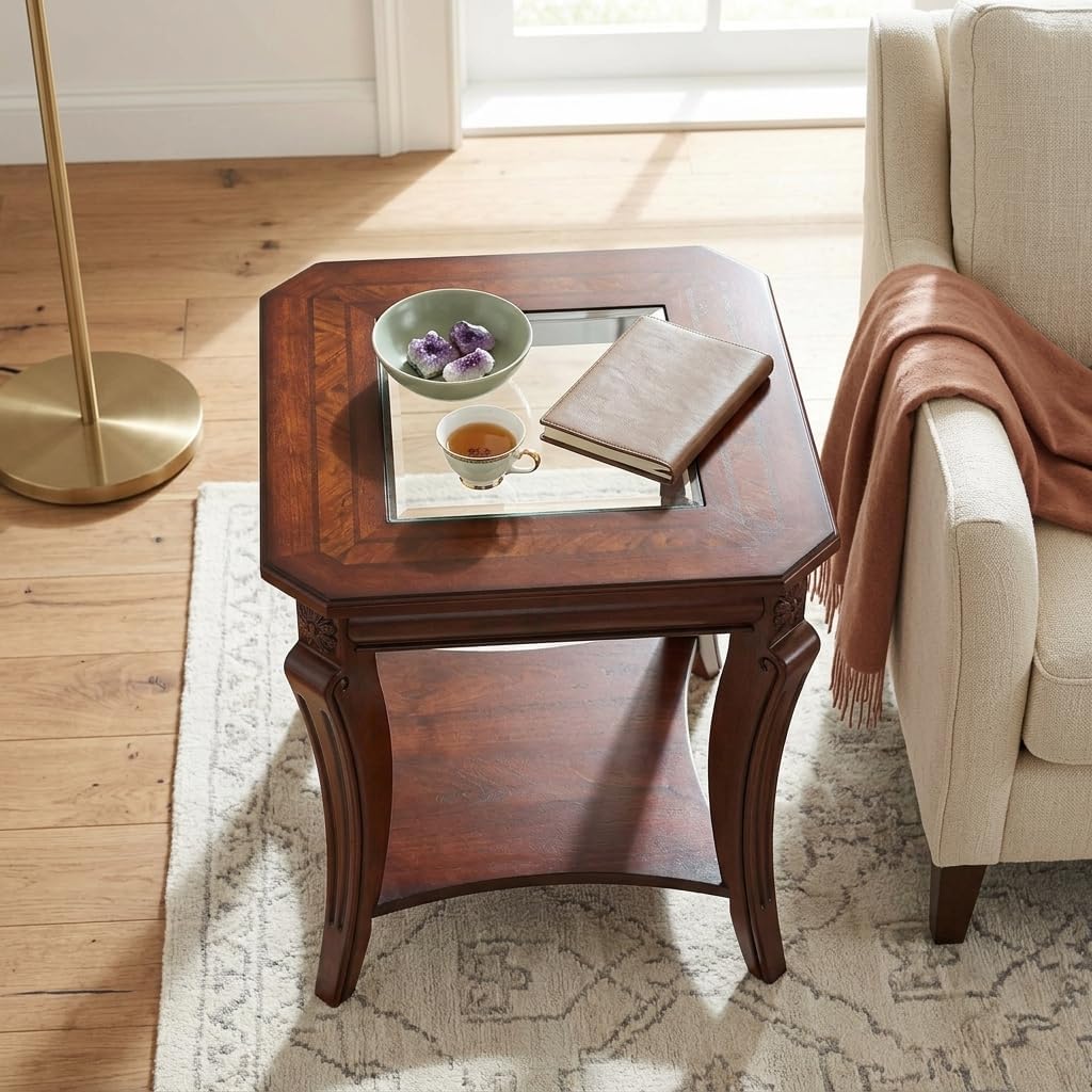 Square End Side Table with Tempered Glass Top, Farmhouse BesideTable with Storage Shelf, Living Room Table with Solid Wood Carved Legs, American Home Table,Easy Assembly,Cherry Brown CJZ-A1168-GT