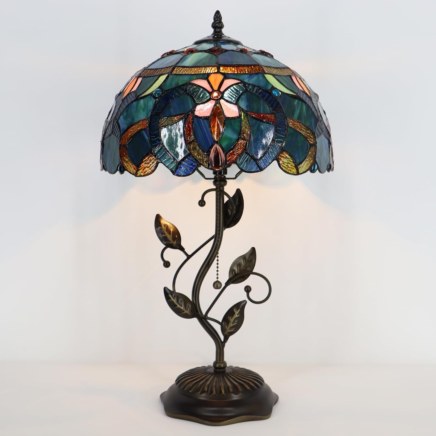 Tiffany Table Lamp, Stained Glass Desk Light, W12H19 Inch, Metal Leaf Base (Blue Baroque Style)
