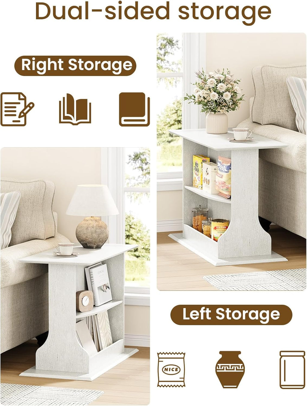 HIFYOBRO Set of 2 Skinny Side Table for Small Spaces, 24' Tall 3-Tier Slim End Table with Double-Sided Storage, Rustic White Narrow Sofa Side Table for Living Room Bedroom Office