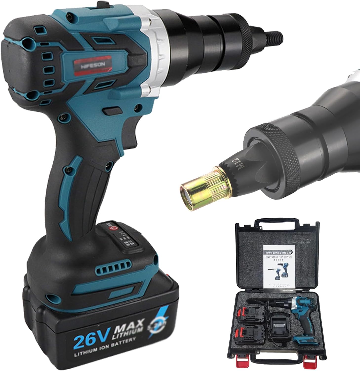 2-in-1 Cordless Rivet Nut Gun Set,Portable Automatic Rivet Gun with M3/M4/M5/M6/M8/M10/M12 Battery Powered Pop Rivet Insert Installation Tool,1Battery-2200mAh