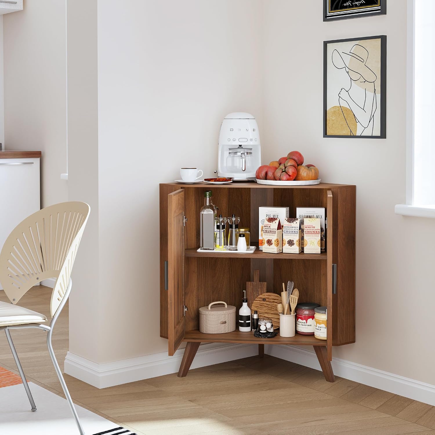 BERRYMERRY Fluted Corner Cabinet with Storage,Space Saving Corner Floor Cabinet with Adjustable Shelve & Arched Profile Door for Living Room Kitchen Bathroom (Brown, 15.7'D x 31.5'W x 30.7'H)