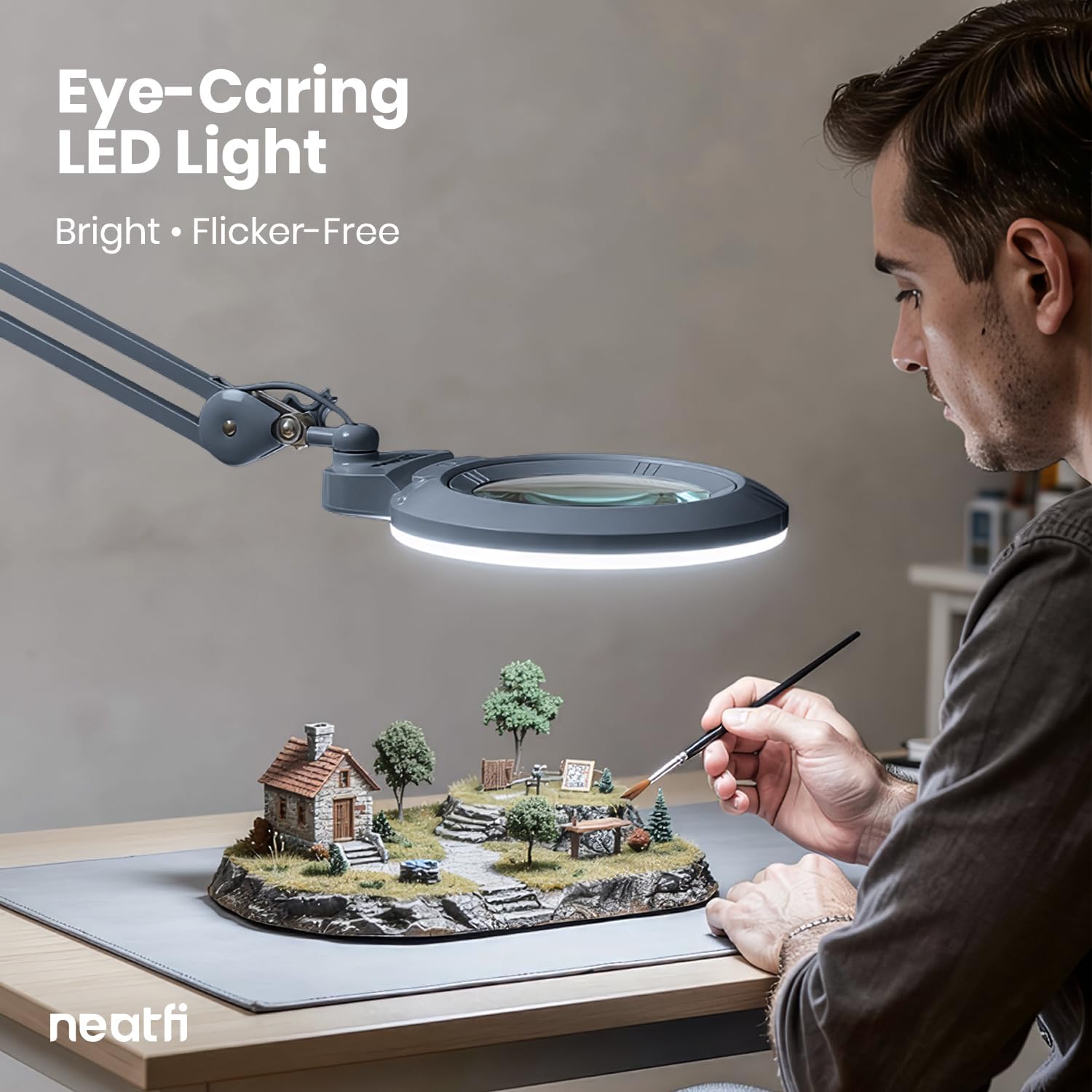 Neatfi XL Bifocal LED Magnifying Lamp, 7' Acrylic Lens, 2.25X/6X Magnification, 1,600 Lumens Dimmable | Hands-Free Close Work | Crafting, Jewelry & Reading (Gray, 7-inch Lens, Non-CCT with Clamp)