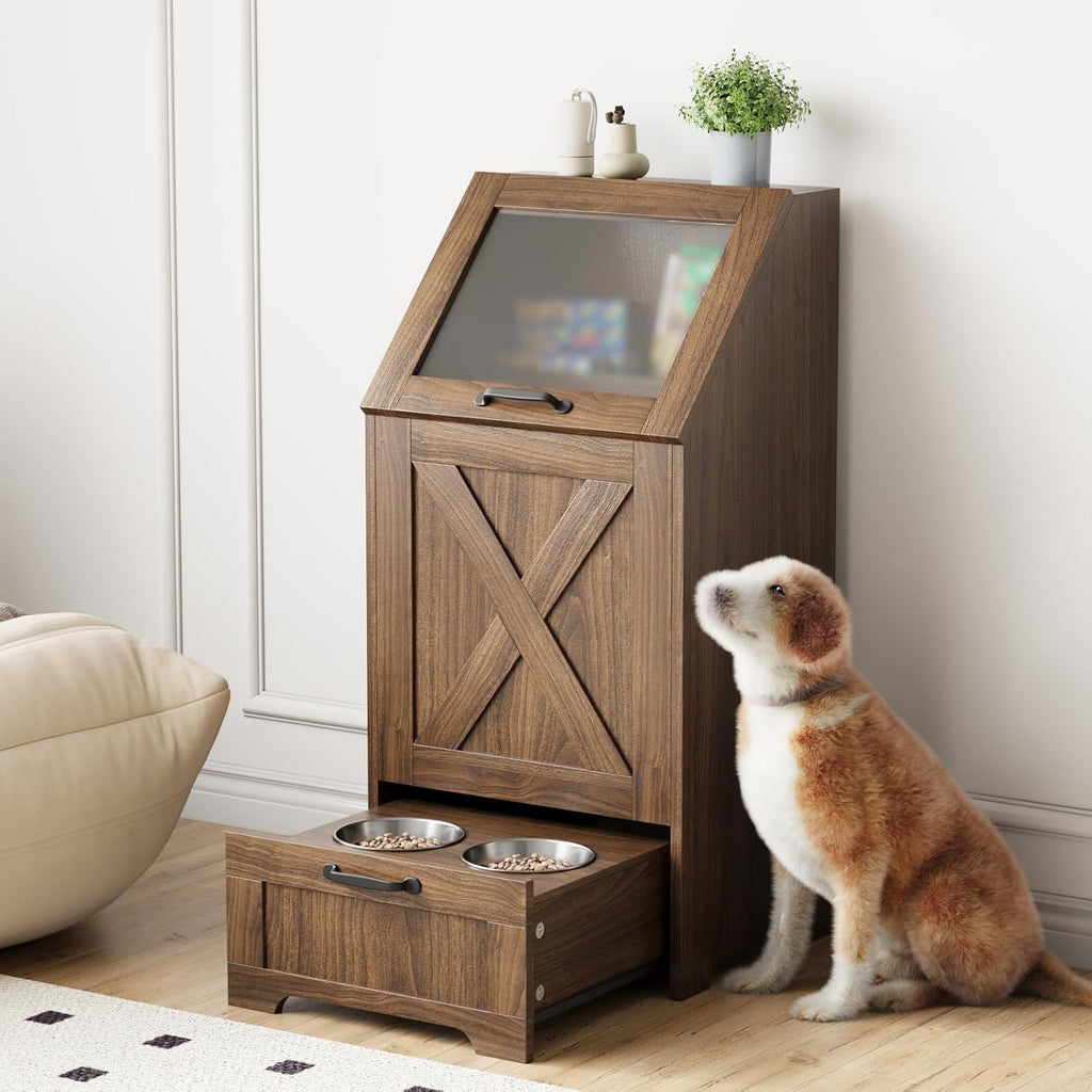 Dog Feeding Station with Storage,Wooden Pet Food Storage Cabinet,Equipped with 2 High Footed Bowls and 3 Hooks,Top Glass Flip Cover,Anti Tipping Device (Dog Feeding Station-Walnut)