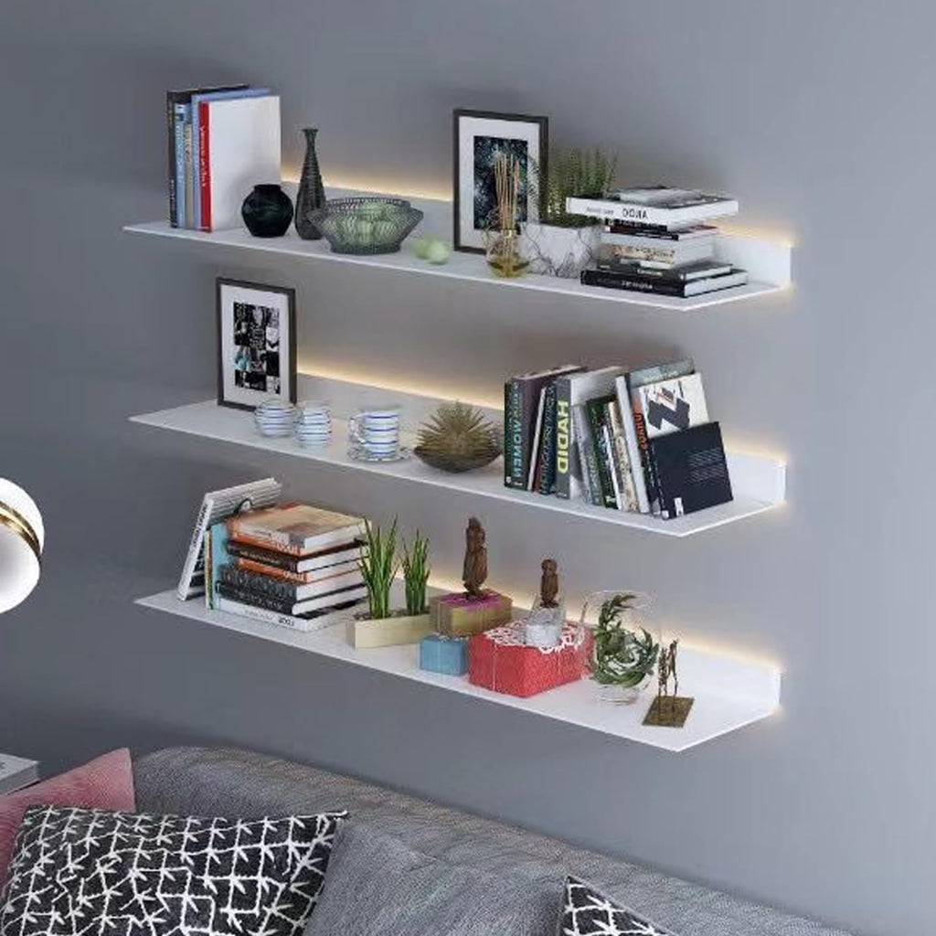 Corner Ledge Wall Shelf,Modern Metal Wall Mounted Floating Shelf with Built in LED Light for Commercial Bar Living Room Bathroom White 26.6in