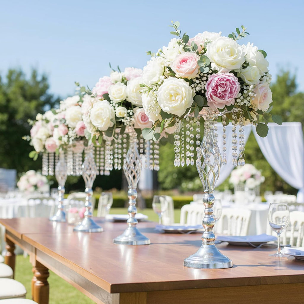 Metal Flower Stands with Crystal Beads - Wedding Centerpieces for Table Decorations, Elegant Metal Flower Arrangement Stands, Flower Vases for Wedding Party Celebration Home Decor (Silver-10pcs)