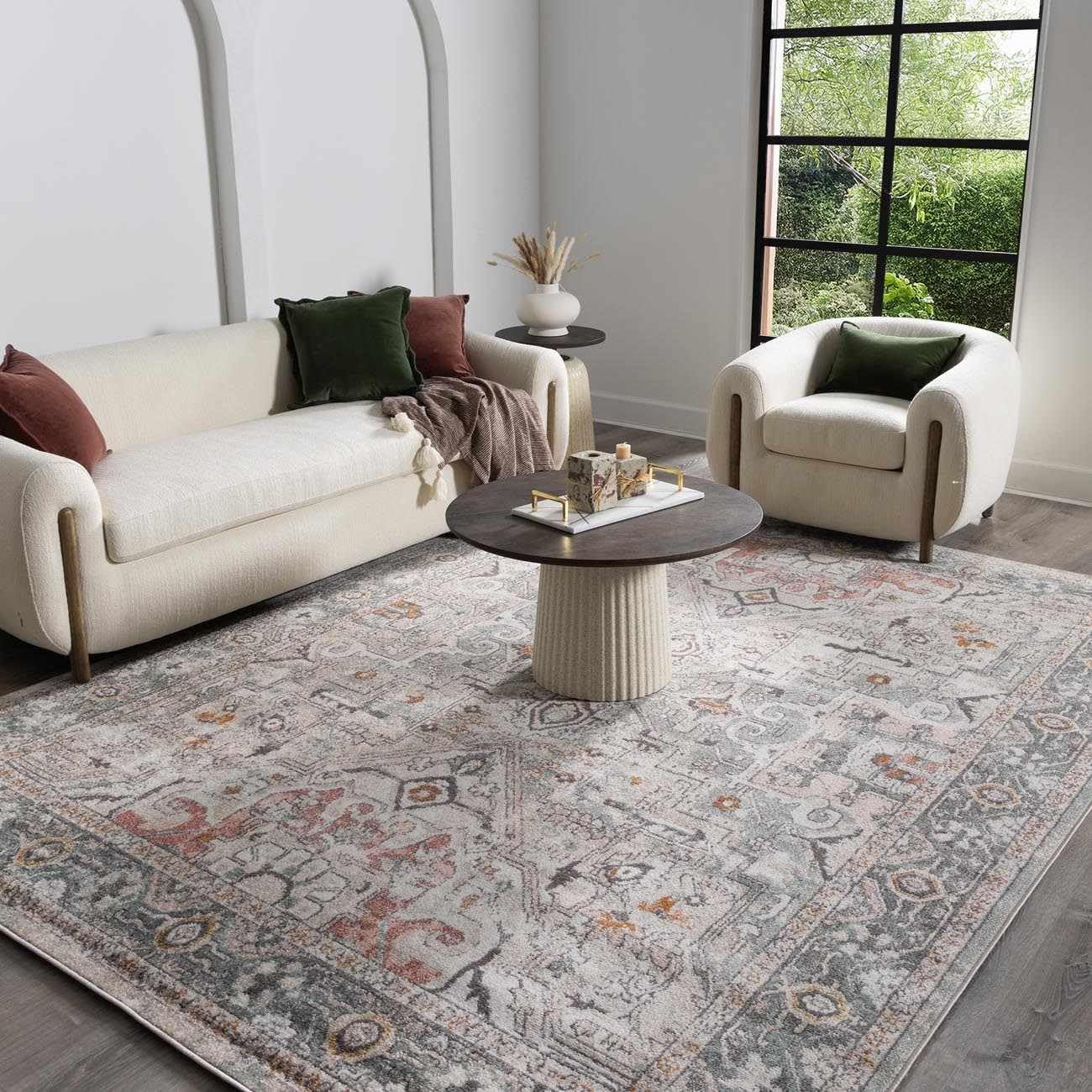 BoutiqueRugs Beige Abstract Traditional 5x7 Area Rug Charcoal Mustard Camel Dusty Pink Light Gray Off White Sky Blue Brick Red Tribal Damask Bolinas Living Room Bedroom Dining Room Home Office