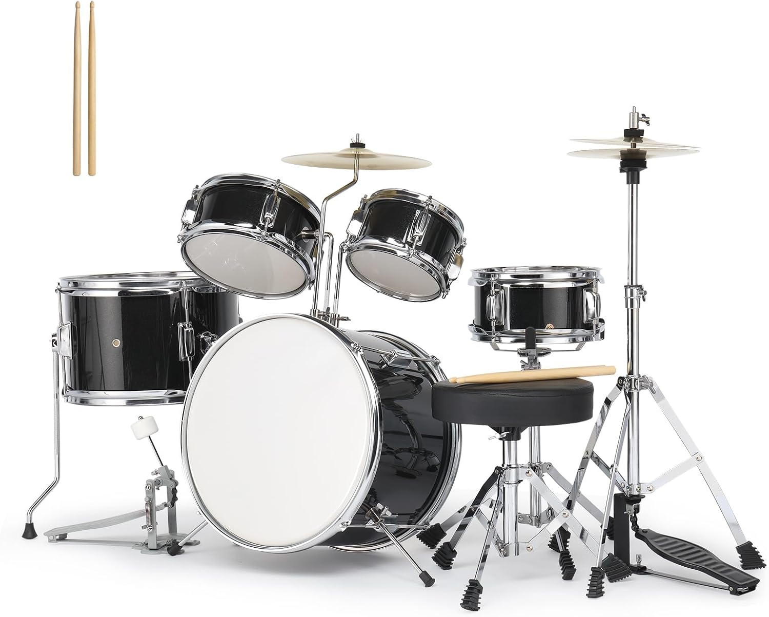 Ktaxon 5-Piece Complete Junior Drums Set, 14 Inch Beginners Drum Kit with Throne Stool, Pedal & Drumsticks, Drums Musical Instruments W/Cymbal, Hi-Hat, Floor, Tom and Snare Drum (Black)