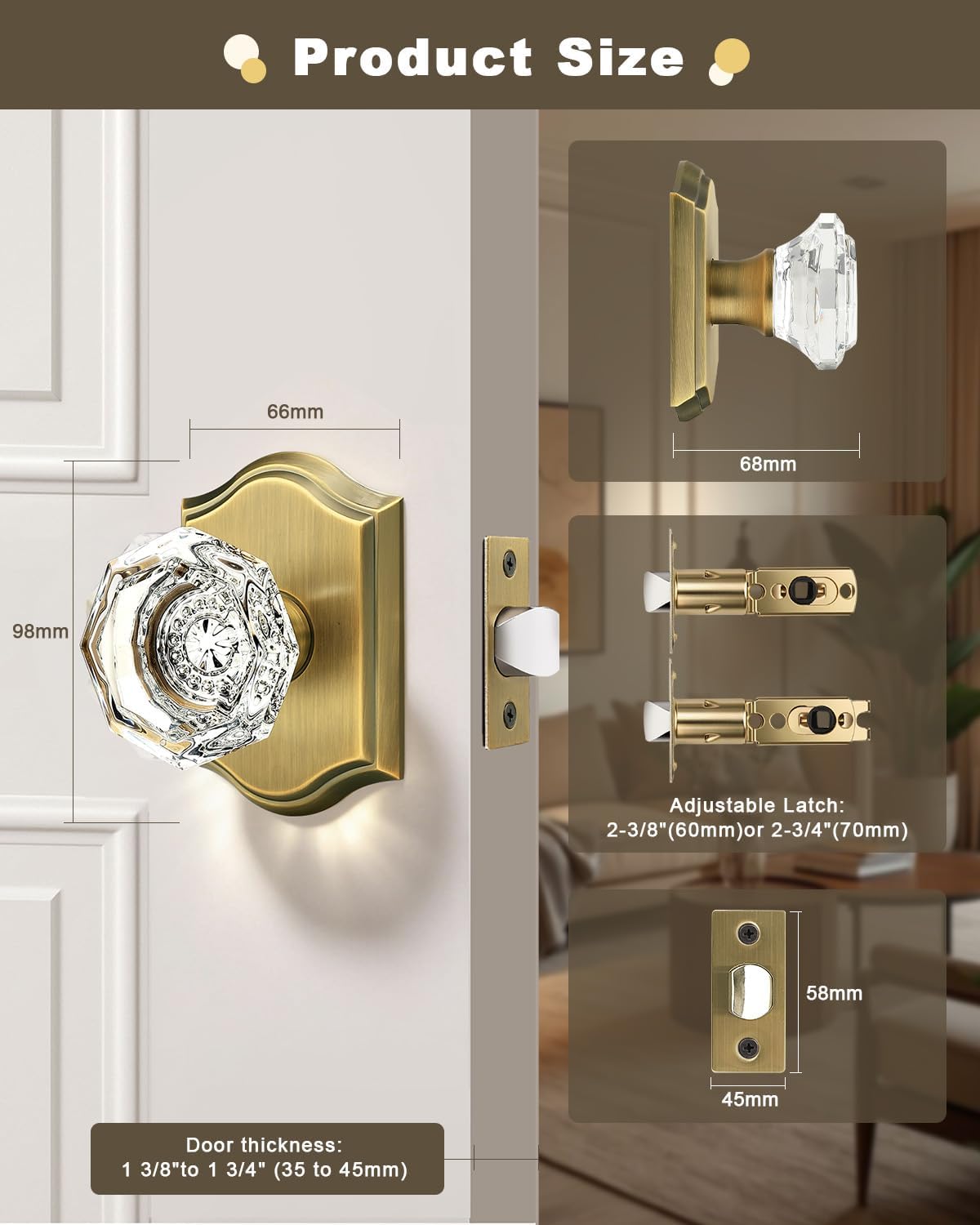 Gobrico Heavy Duty Crystal Glass Door Knobs 6 Pack,Passage Function for Interior Room,Keyless Snowflake Crystal Door Handles for Hall Closet Pantry,Antique Brass Finish