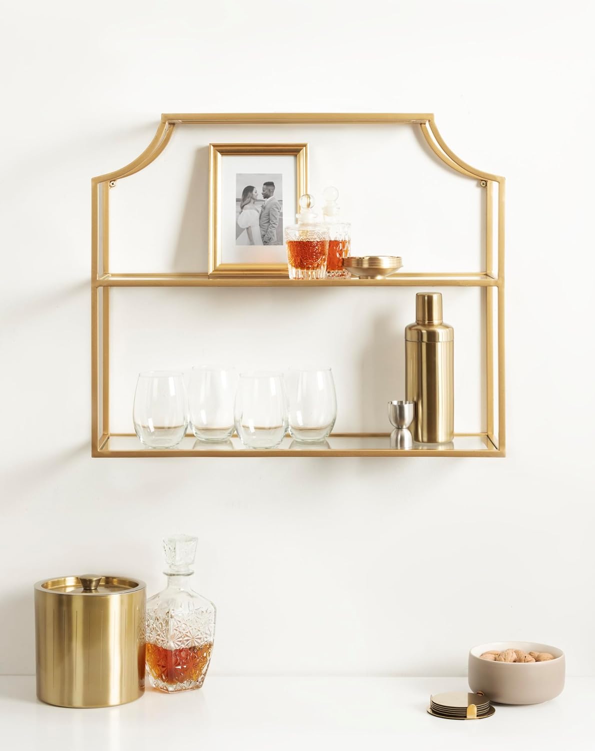 Kate and Laurel Ciel Modern Glam Wide Two-Tier Wall Shelf, 24 x 20, Gold, Tiered Bathroom Shelves for Over the Toilet Storage or Bedroom Makeup Organizer