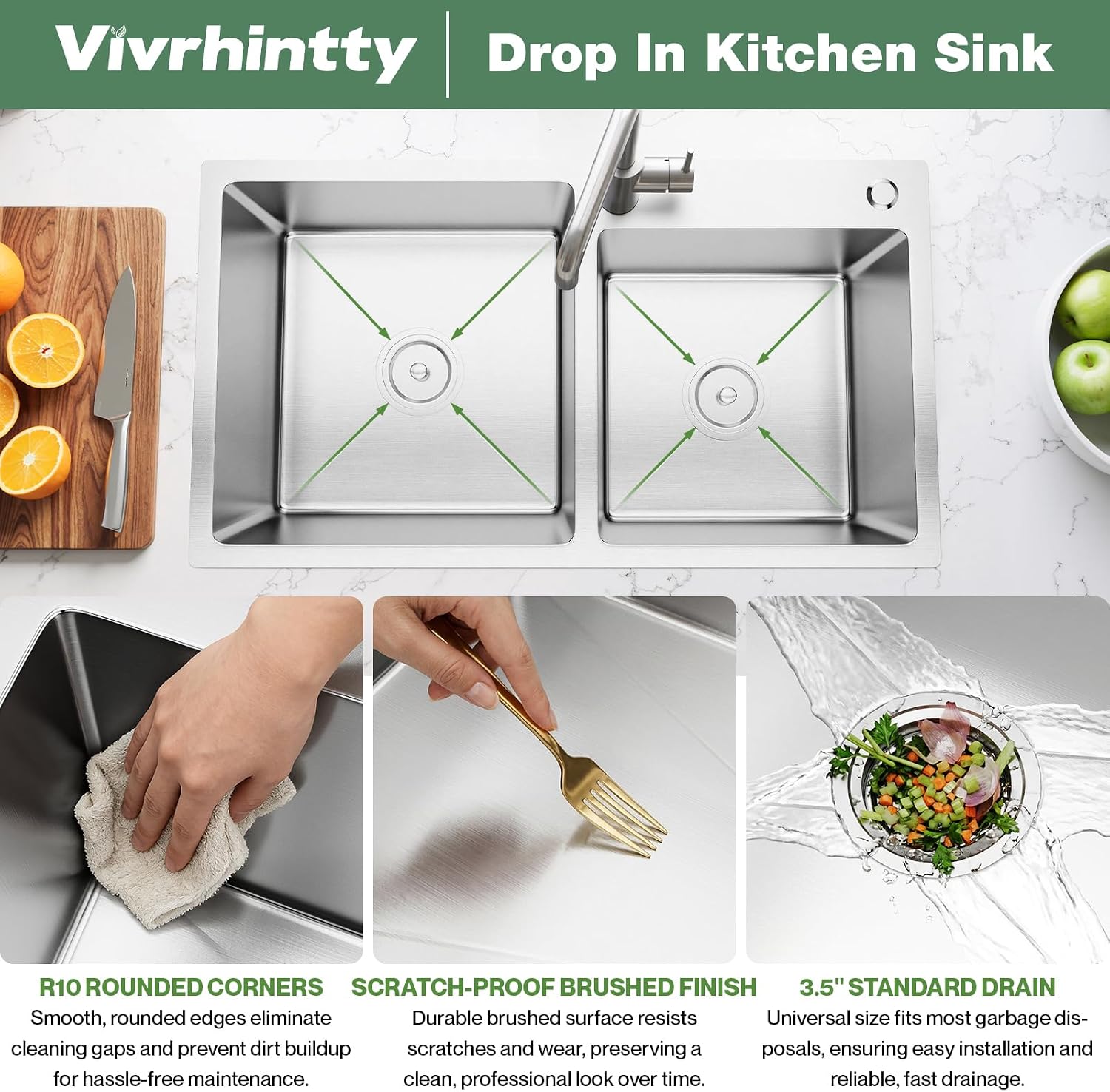 31.5x17.7 Inch Drop-in/Topmount Double Bowl Kitchen Sink, Nano-Coated Stainless Steel Kitchen Sink with Drainage Pipes & Fruit Baskets