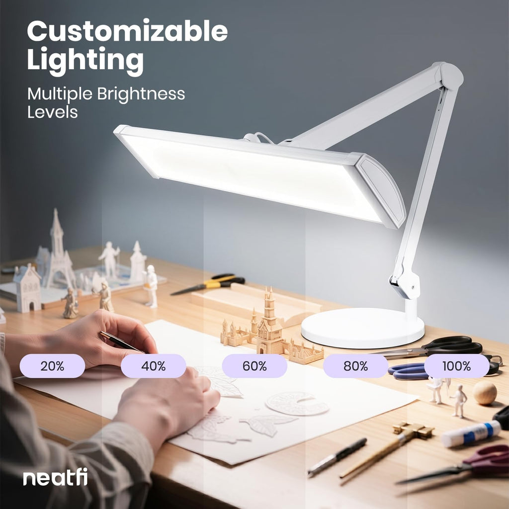Neatfi Ultra 3,500 Lumens LED Desk Lamp with Base– 45W, 270 SMD LEDs, Shadow-Free | Adjustable Brightness | Non-Flickering Task Light for Nail, Craft & Office (White-3, 26-Inch Wide Shade)