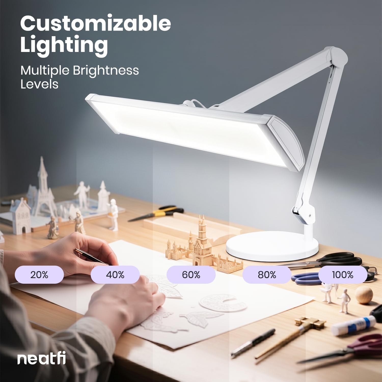 Neatfi Ultra 3,500 Lumens LED Desk Lamp with Base– 45W, 270 SMD LEDs, Shadow-Free | Adjustable Brightness | Non-Flickering Task Light for Nail, Craft & Office (White-3, 26-Inch Wide Shade)
