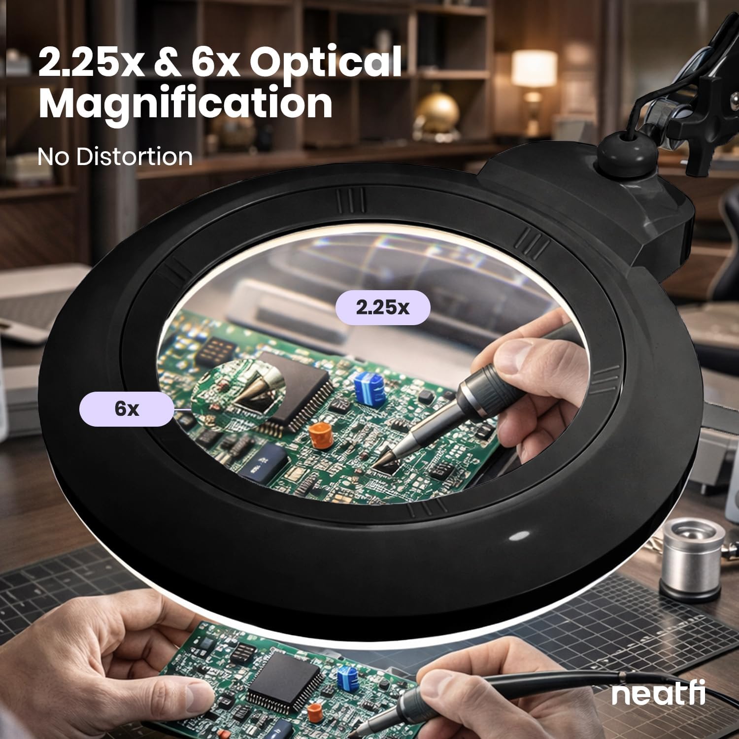 Neatfi XL Bifocal LED Magnifying Lamp, 7' Acrylic Lens, 2.25X/6X Magnification, 1,600 Lumens Dimmable | Hands-Free Close Work | Crafting, Jewelry & Reading (Black, 7-inch Lens, Non-CCT with Clamp)