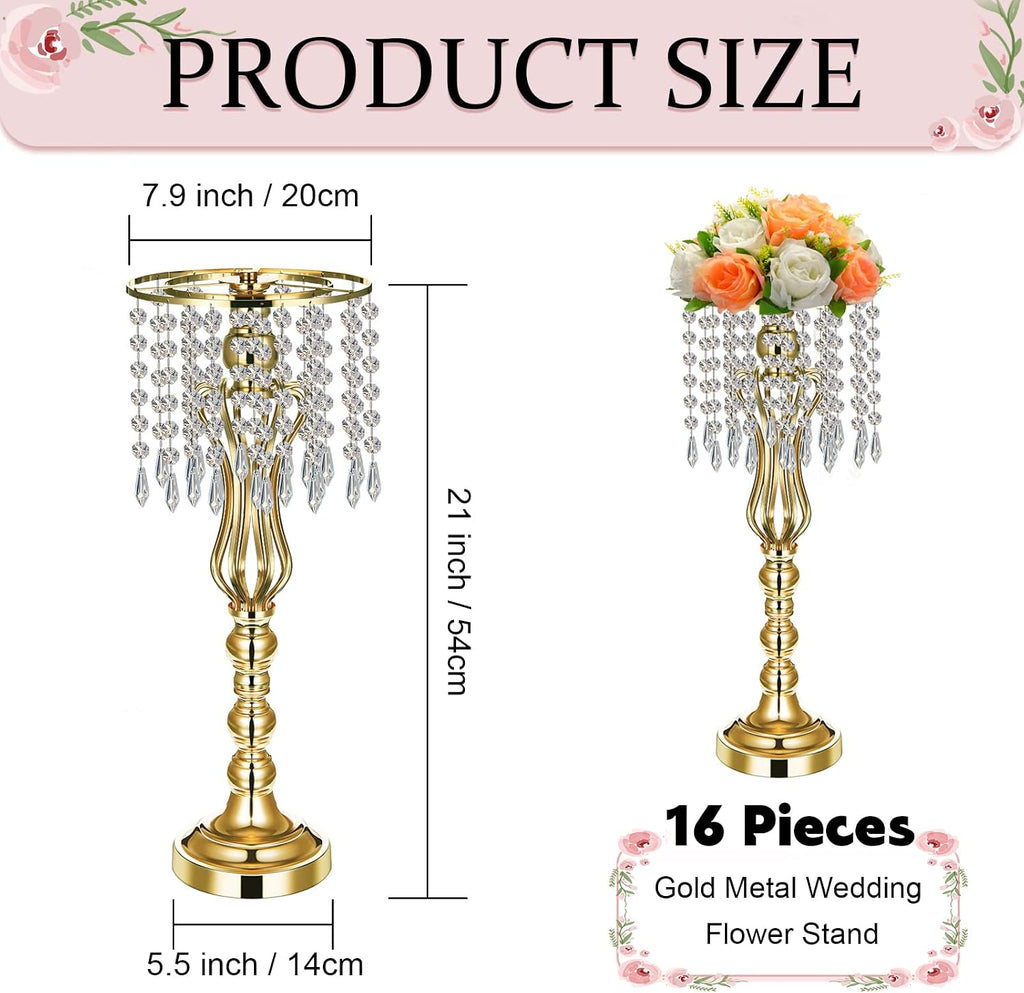 Didaey 16 Pcs Wedding Centerpieces for Tables, Gold Silver Vase Centerpiece with Chandelier Crystal Metal Flower Stand, Tall Flower Vases for Wedding Party Home Decoration(Gold,21.3')