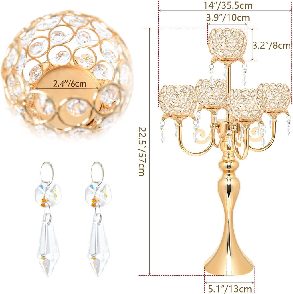 Set of 4 Candlesticks 5 Arm Crystal Strap Pendant Gold Table Decor Candelabra, 22.5 inches Elegant Dining Room Centerpieces for Holiday Parties Weddings (4, Gold)