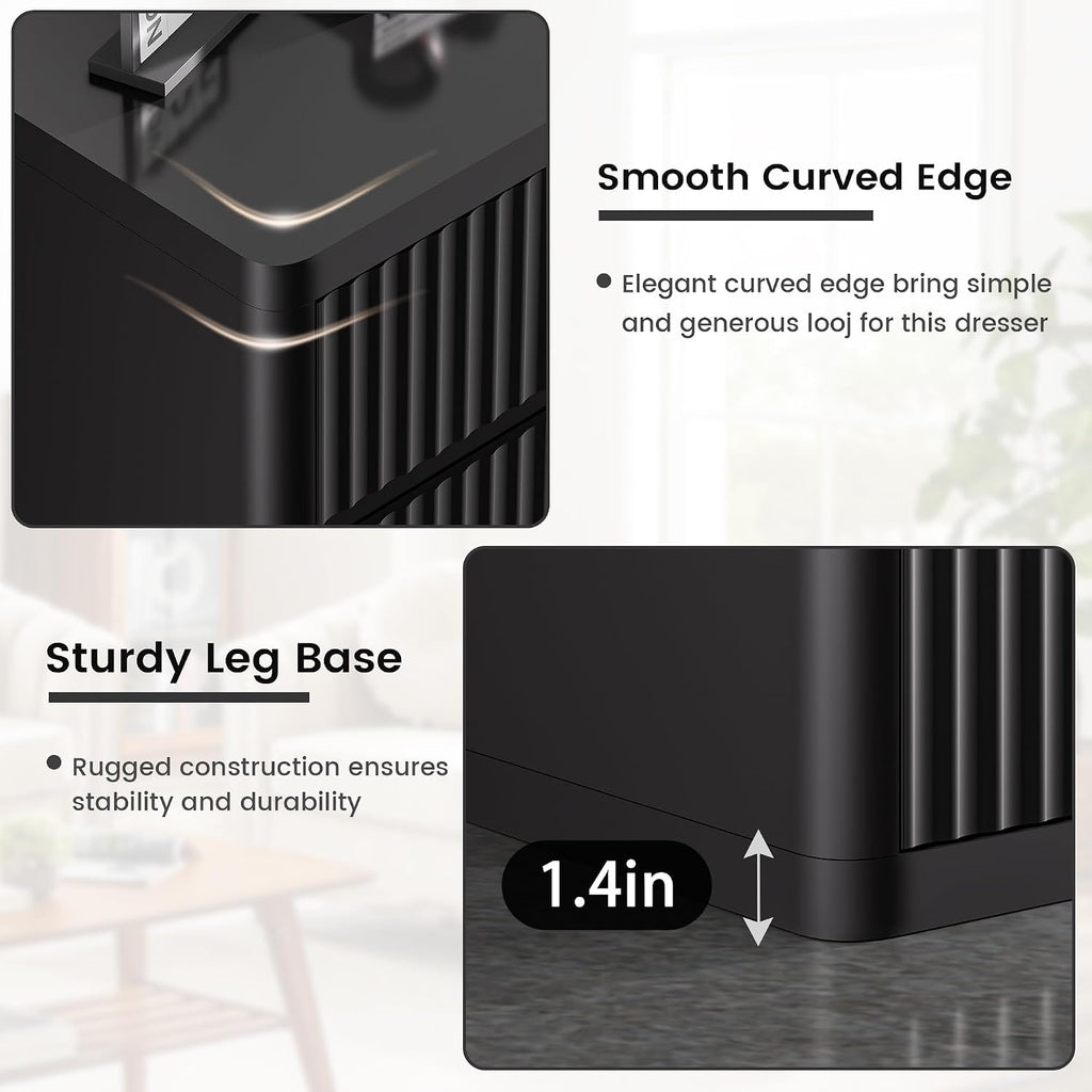 3 Drawer Nightstand, Black Night Stand with Large Storage, Fluted Nightstand for Bedroom, Mid Century Modern End Table Side Table for Living Room Sofa Couch Home Office, Bedside Table 26 Inch Tall