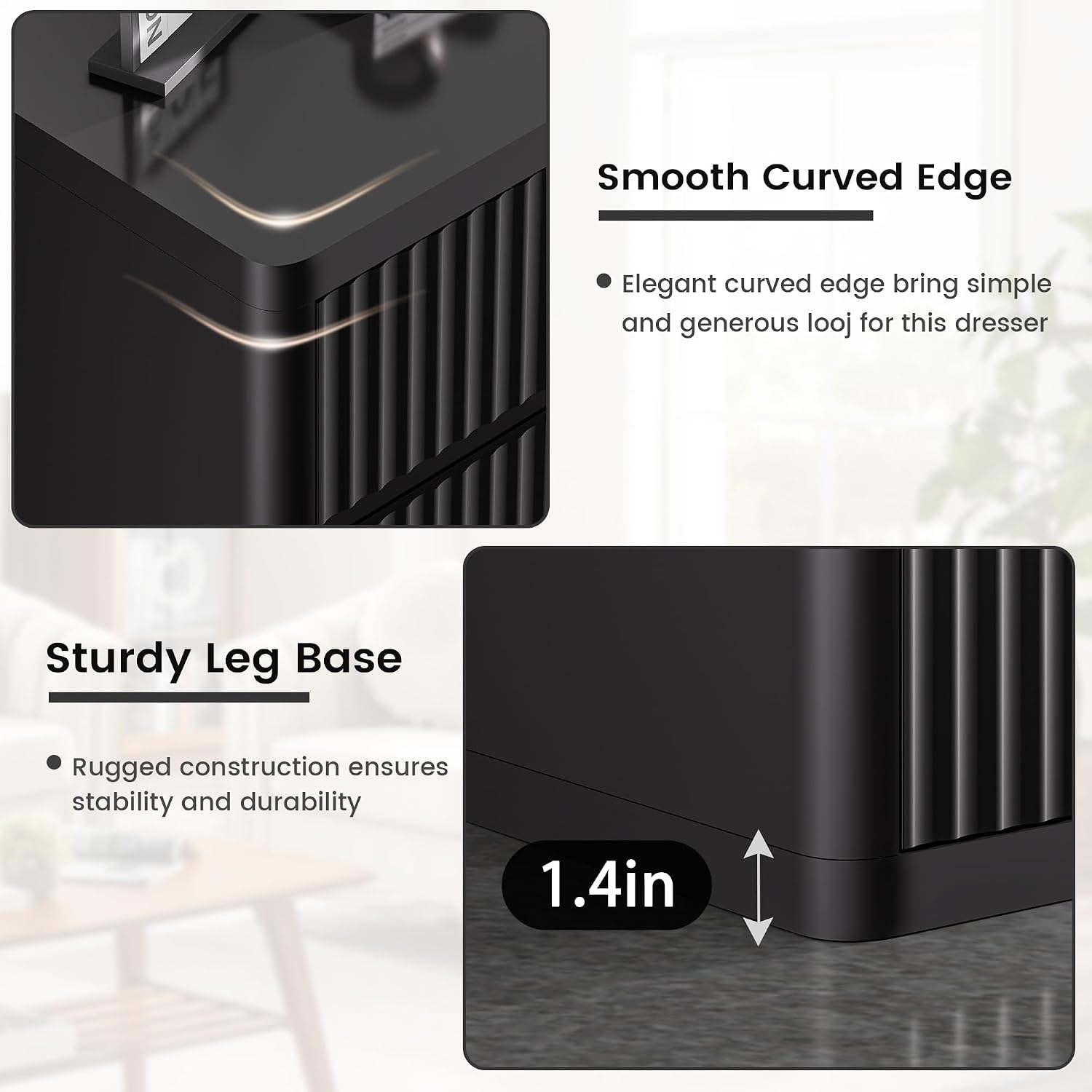3 Drawer Nightstand, Black Night Stand with Large Storage, Fluted Nightstand for Bedroom, Mid Century Modern End Table Side Table for Living Room Sofa Couch Home Office, Bedside Table 26 Inch Tall