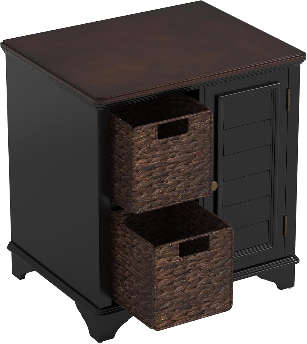 Multifunctional End Table Side Table with a Shutter Style Door and 2 Woven Grass Baskets, Sofa Side Narrow Table, Wood Bedside Nightstand for Living Room Bedroom (Black-4.7)