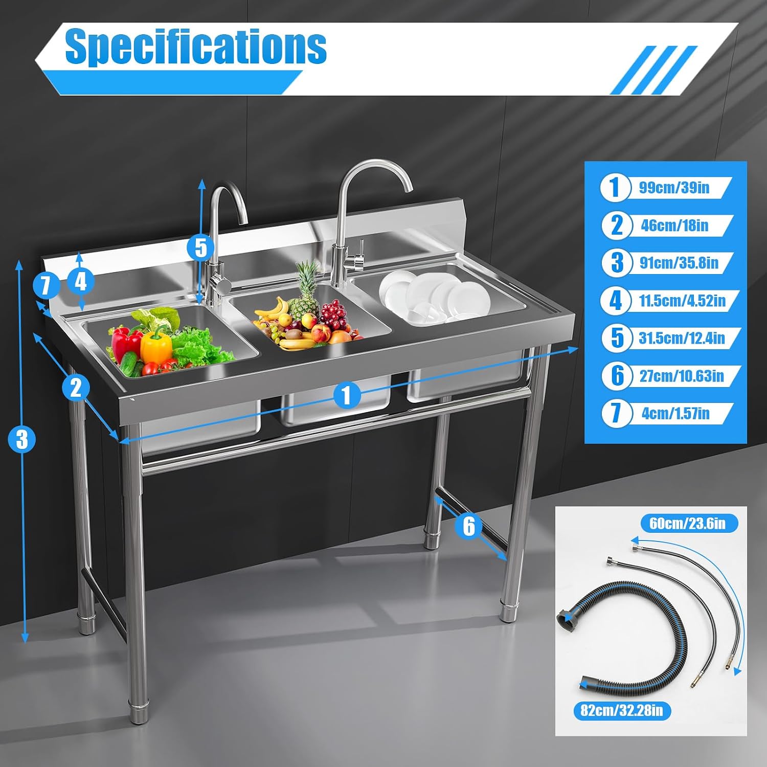 Kitchen Stainless Steel Utility Sink - Triple 3 * 7' x 11' x 9' Bowl - 3 Compartment Commercial Kitchen Sink w/Stable Leg Support - For Restaurant, Laundry, Garage & Backyard