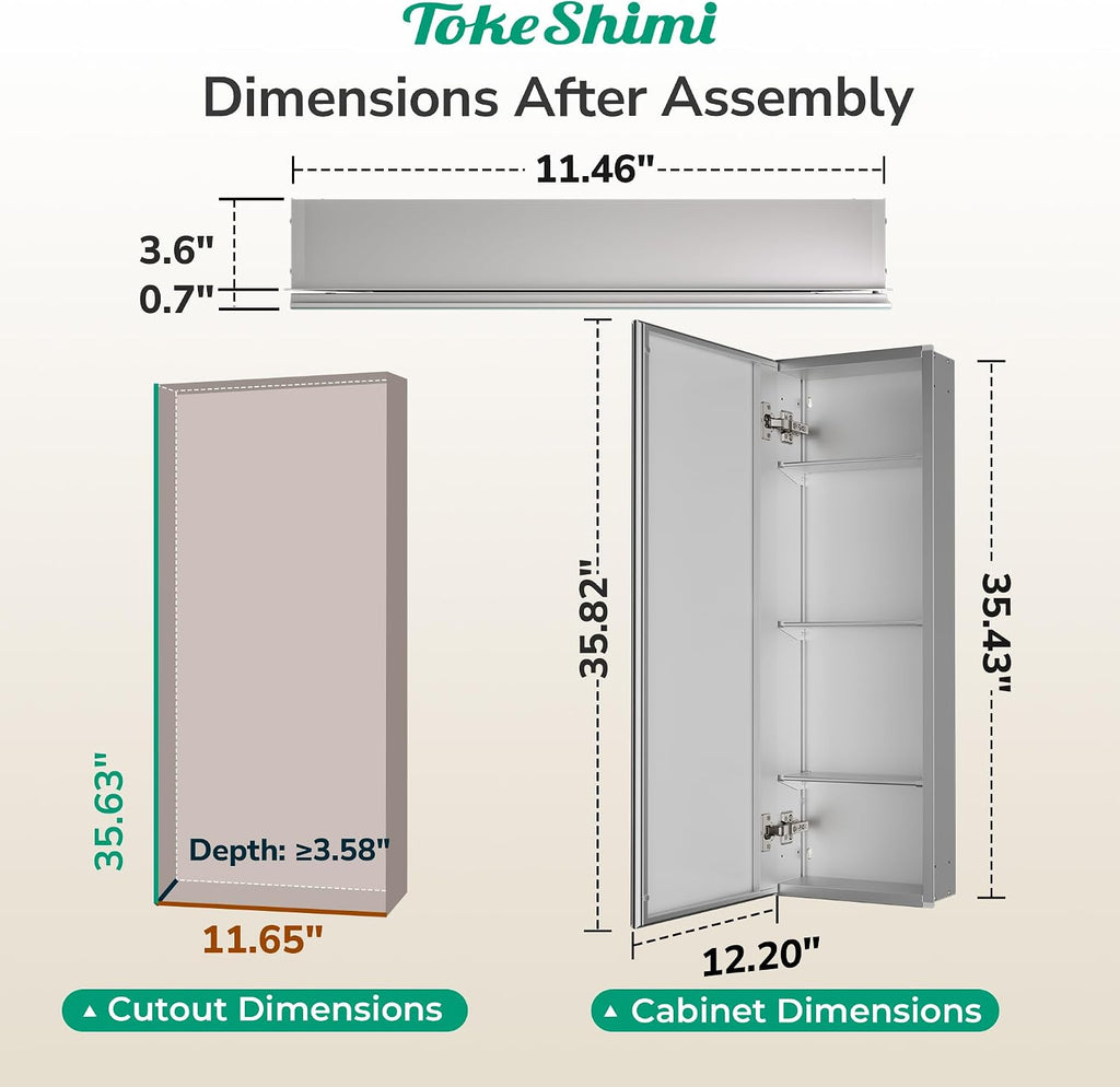 TokeShimi 12 x 36 Medicine Cabinet with Tempered Beveled Mirror, Assembly Required, Silver Medicine Cabinet for Bathroom, Stepless Adjustable Shelves, DTC Hinge, Recessed/Surface-Mounted