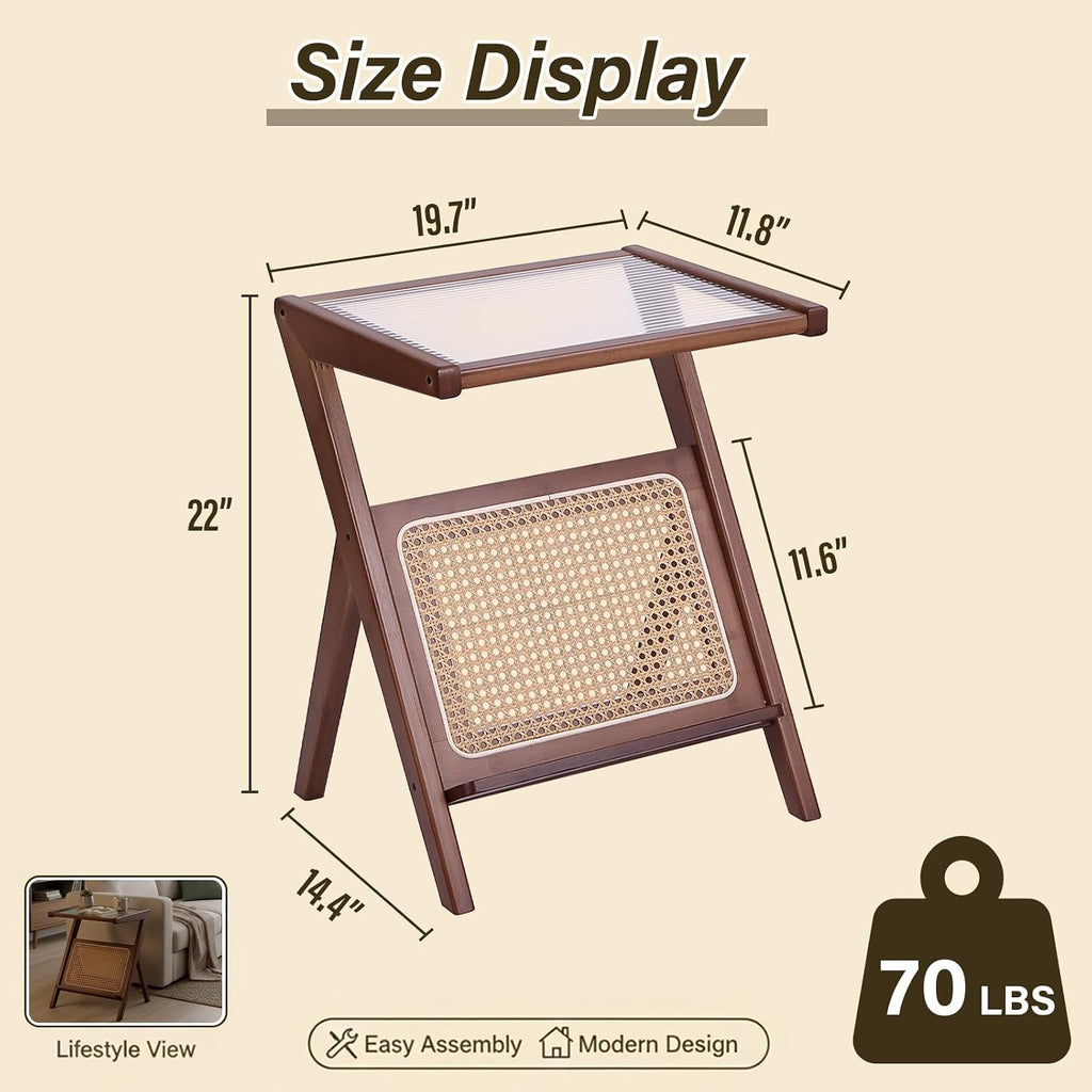Tiita 2 Pack Rattan Side Table, Mid Century Nightstand, Bamboo Accent Bedside Tables, Glass Coffee Tables, Boho Wooden End Table with Storage for Small Space, Living Room and Bedroom