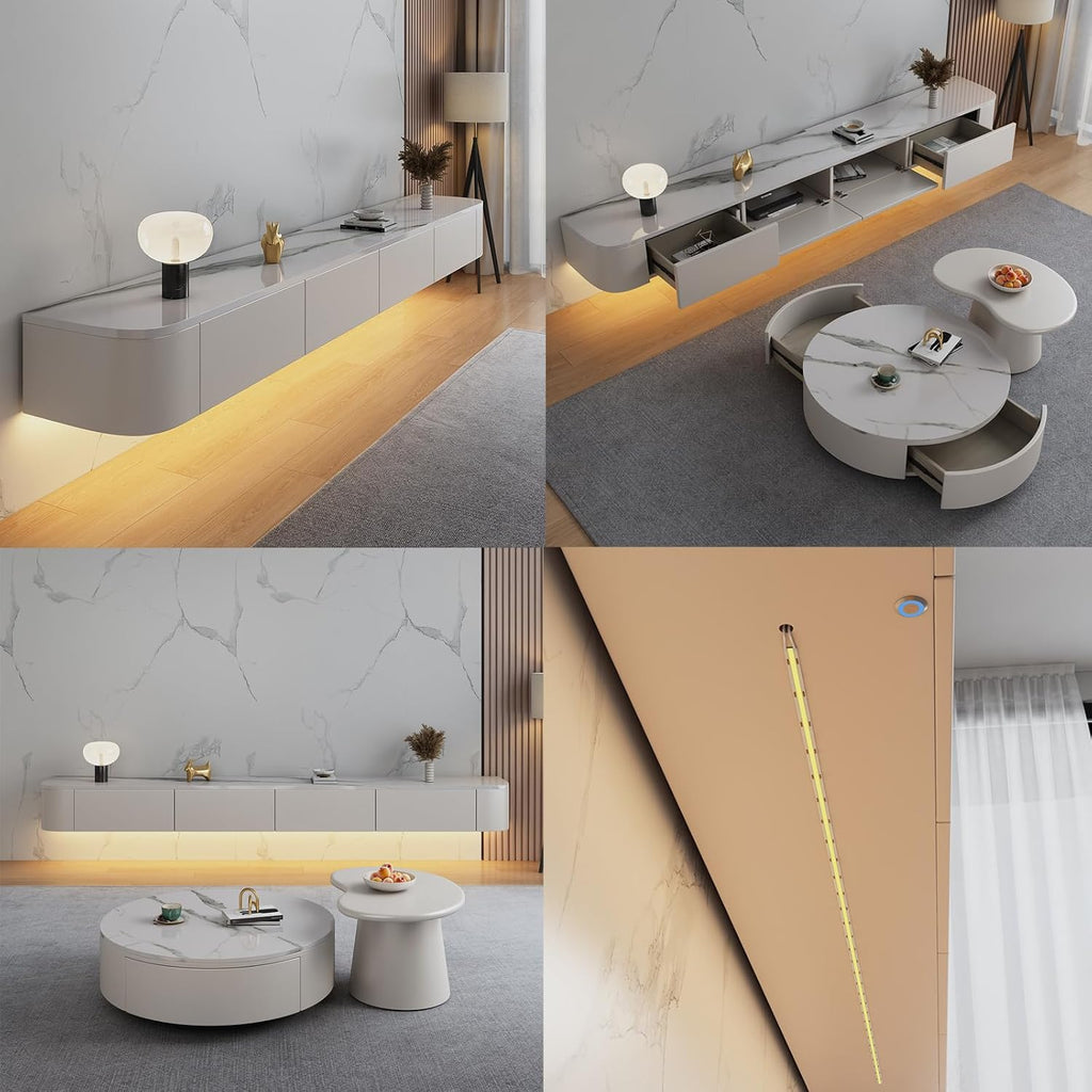 Floating TV Stand Large Floating TV Shelves Wall Mounted Multi Storage Compartment TV Media Console Floating TV Cabinet Bench Under TV Large Storage (Rock White with Led, 86.6 * 7.9 * 9.4 in)