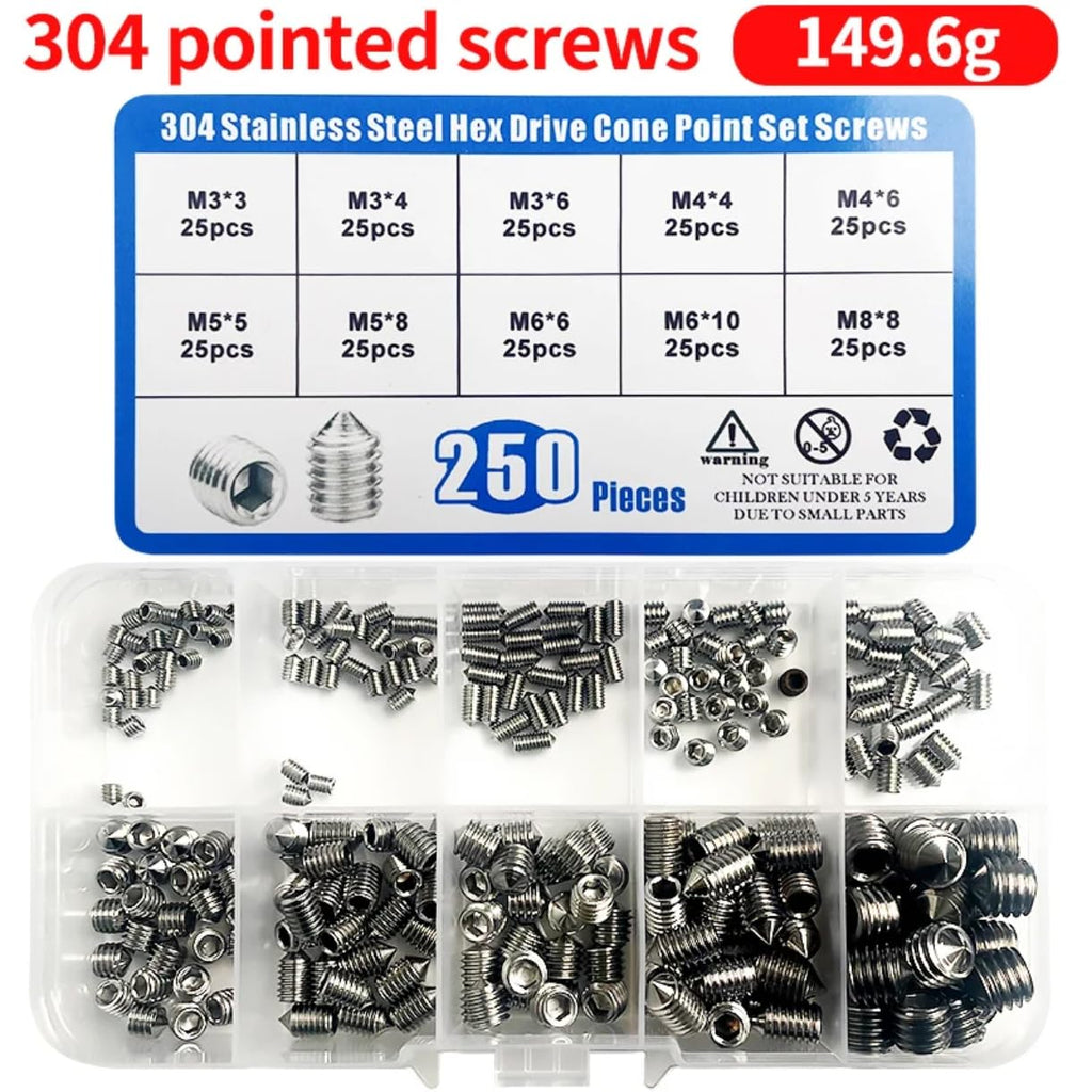 250pcs Stainless Steel Socket Head Hex Set Screws M3 M4 M5 M6 M8 Cup Assortment Kit Grub Screw Cup Point Grub Screw Kit Set (10 Boxes)