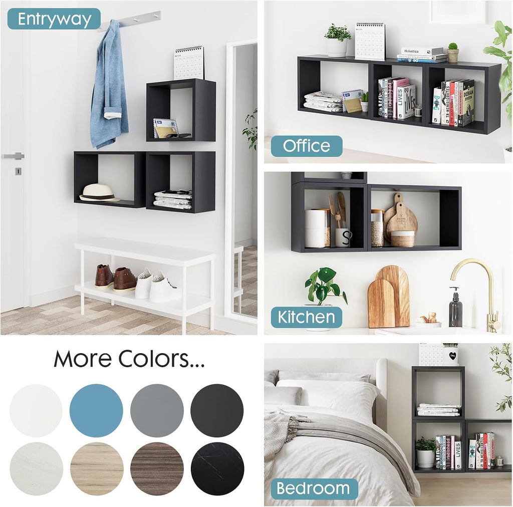 Kaboon Wall Mount Shelf Set of 3, Floating Cube Shelves for Space Discovery Home and Commercial Use, Large Size Shelves Set, Black