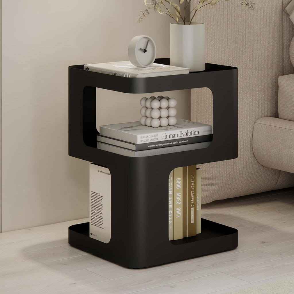 Modern Side Table for Sofa & Couch,Black Metal Bedside Table,3 Tier end Tables with Storage for Living Room & Bedroom,Compact Nightstand for Small Spaces,No Assembly Required