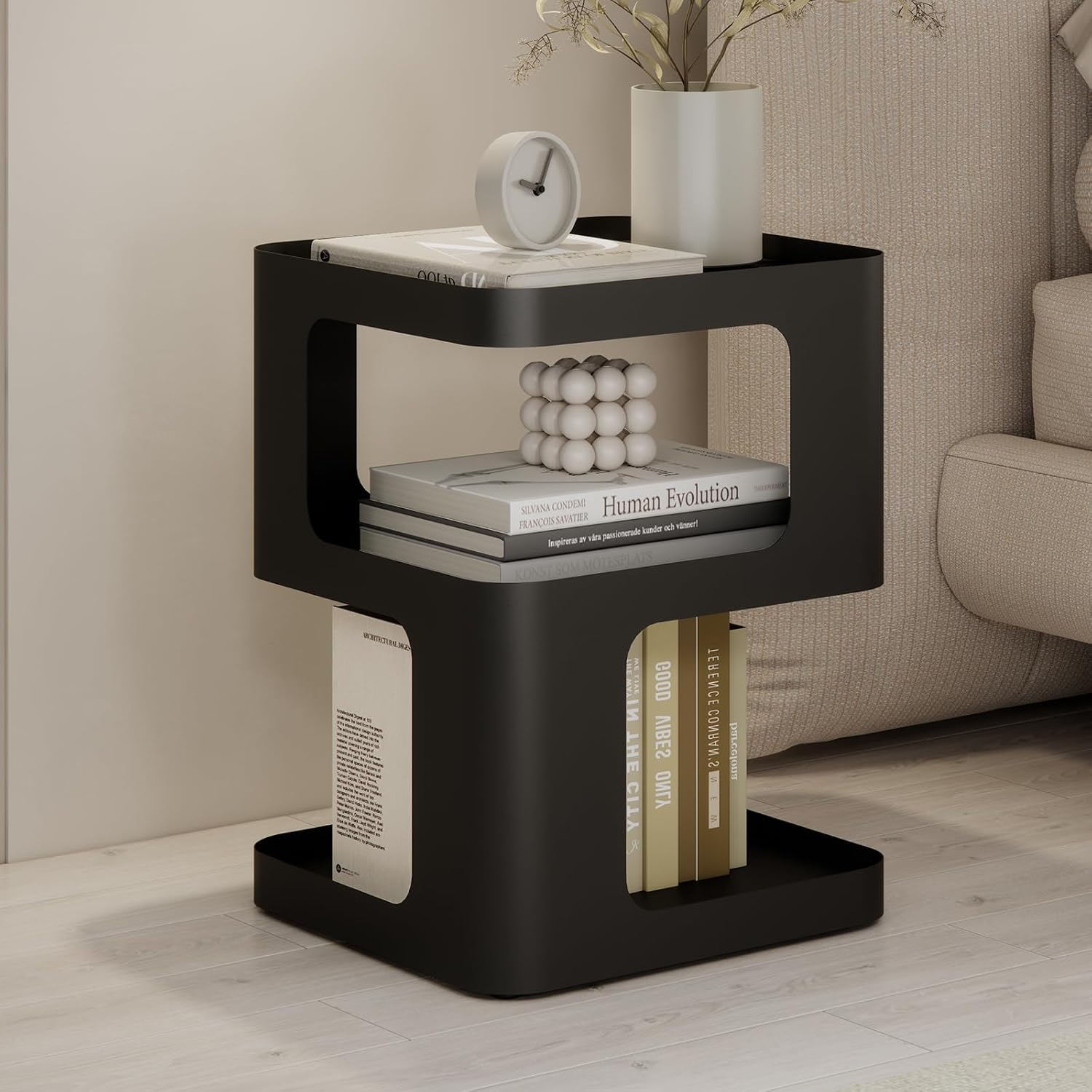 Modern Side Table for Sofa & Couch,Black Metal Bedside Table,3 Tier end Tables with Storage for Living Room & Bedroom,Compact Nightstand for Small Spaces,No Assembly Required