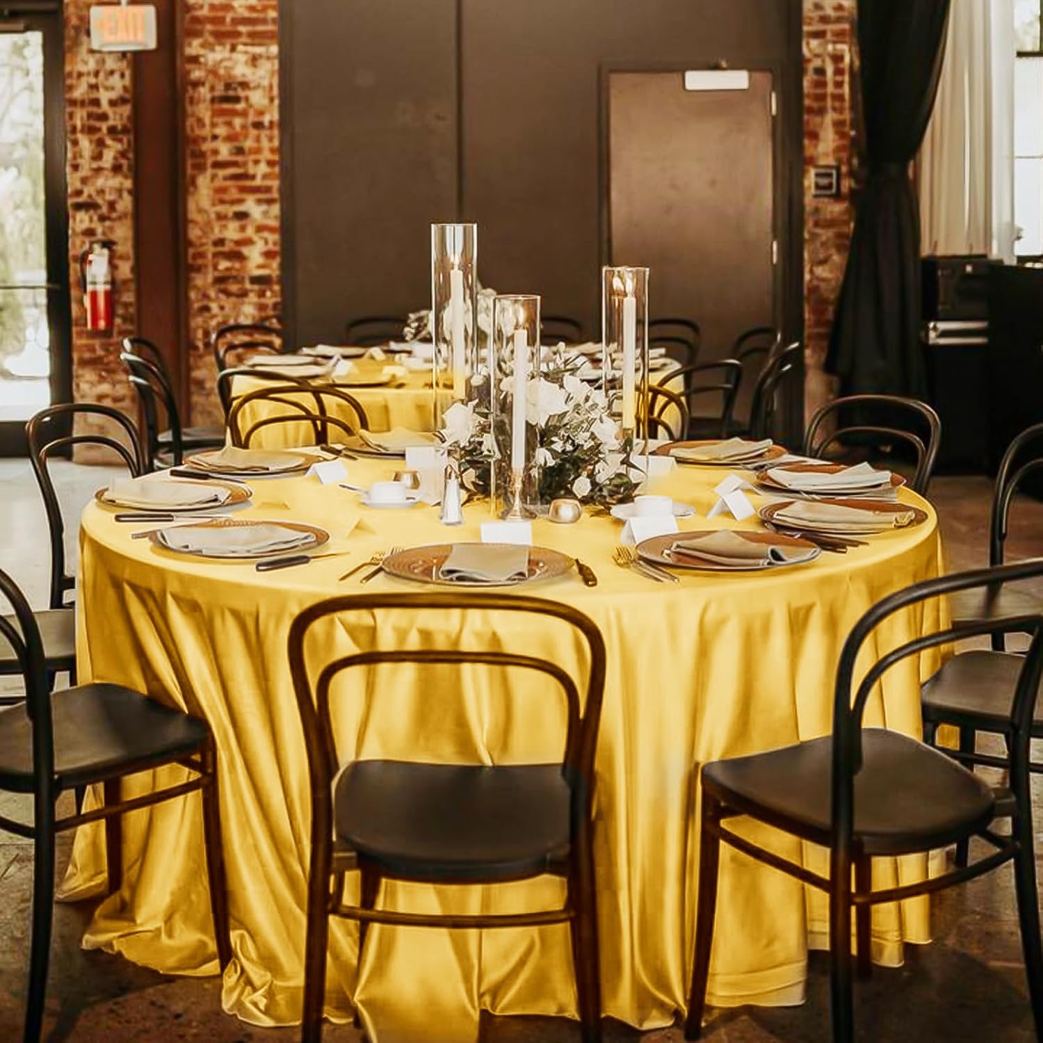 12 Pack 120 Inch Round Tablecloth, Gold Satin Fabric Table Cloth for Round Tables, Wrinkle Resistant Washable TableCover Bright Silk Table Clothes for Wedding Party Dining Tables Banquet