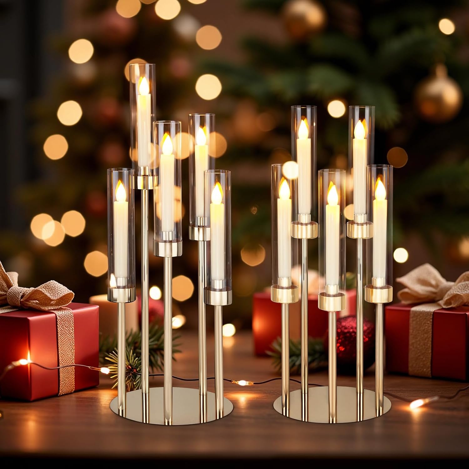 Dyna-Living Gold Candelabra Centerpiece 4 Set 26.8'' Tall Candle Holder Centerpiece for Tables, 5 Arms Candlestick Holders with Acrylic Lampshade, Gold Candelabra Floor Stands for Wedding Party Home