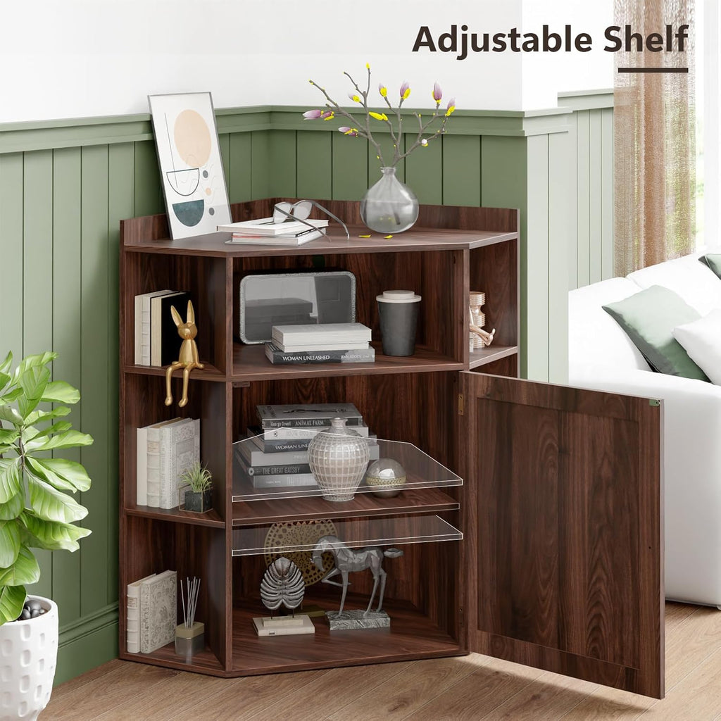 Halitaa Corner Storage Cabinet, Farmhouse Corner Bookshelf with Storage 6-Cubby Wooden Cabinet with USB Ports and Outlets Industrial Organizer for Small Space, Study, Playroom, Living Room, Walnut