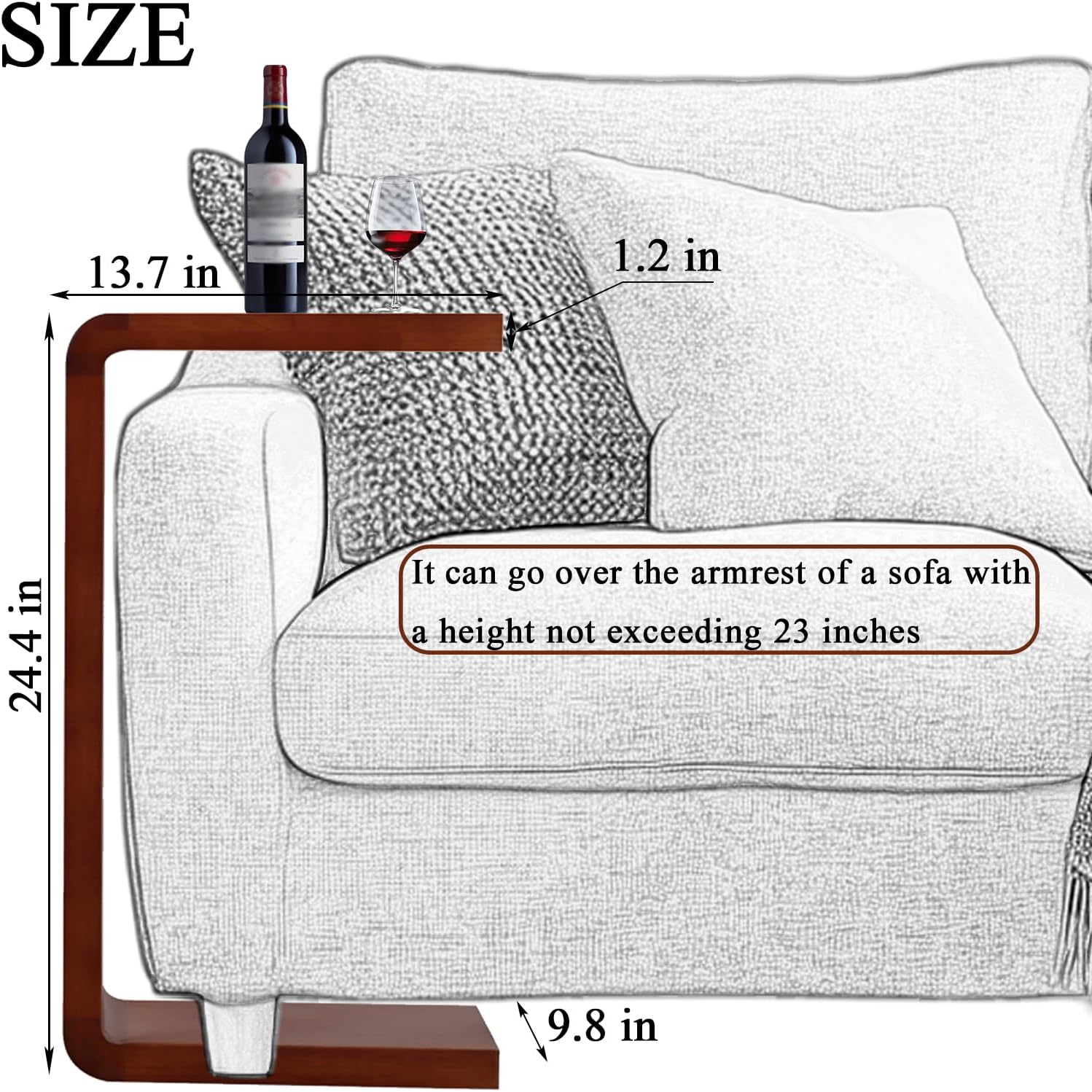 C-Shaped Side Table, Solid Wood End Table for Couch Sofa and Bed, Wooden C Tables for Living Room Bedroom, Small Snack Tray Table for Space Saving (1, 24.4' H-Brown)