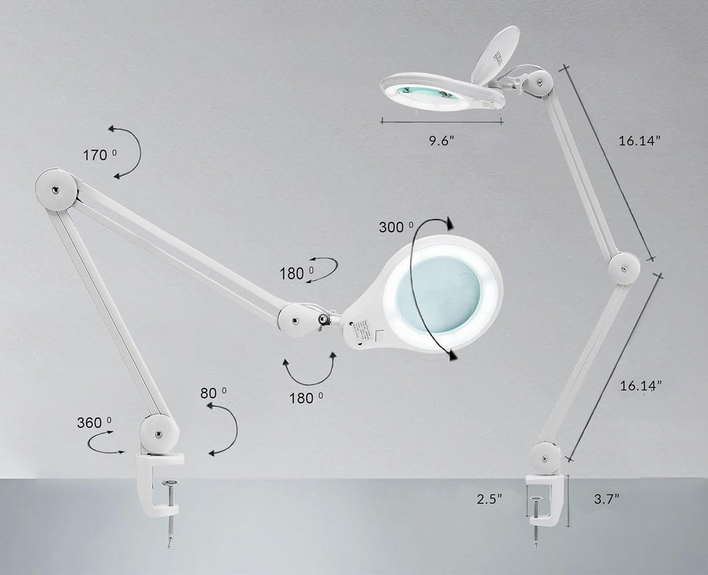 Neatfi LED Bifocal Magnifying Lamp 1,200 Lumens – 5' Glass Lens, Dual Magnification 2.25X/6X, Dimmable | Adjustable Arm with Clamp | Crafting, Jewelry & Reading (5 Diopter + 20 Diopter, White)