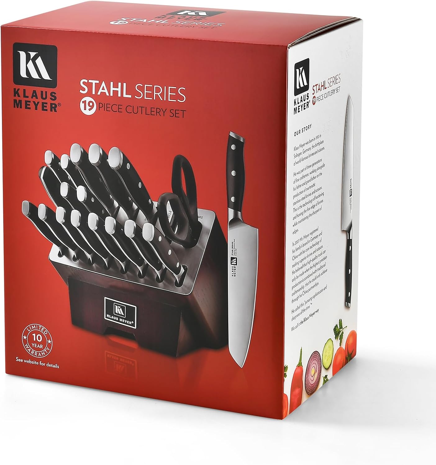 Klaus Meyer 19-Piece Knife Block Set with Sharpener, High Carbon German Stainless Steel (Stahl), Full-Tang Handles, Kitchen Knife Set (Black)