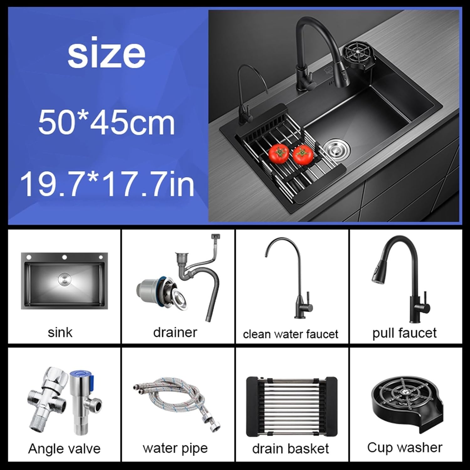JATIBOSH Kitchen Sinks Stainless Steel Nano Sink Large Single Bowl Sink Workstation with Pull-Out Taps (Color : Black, Size : 50x45cm)