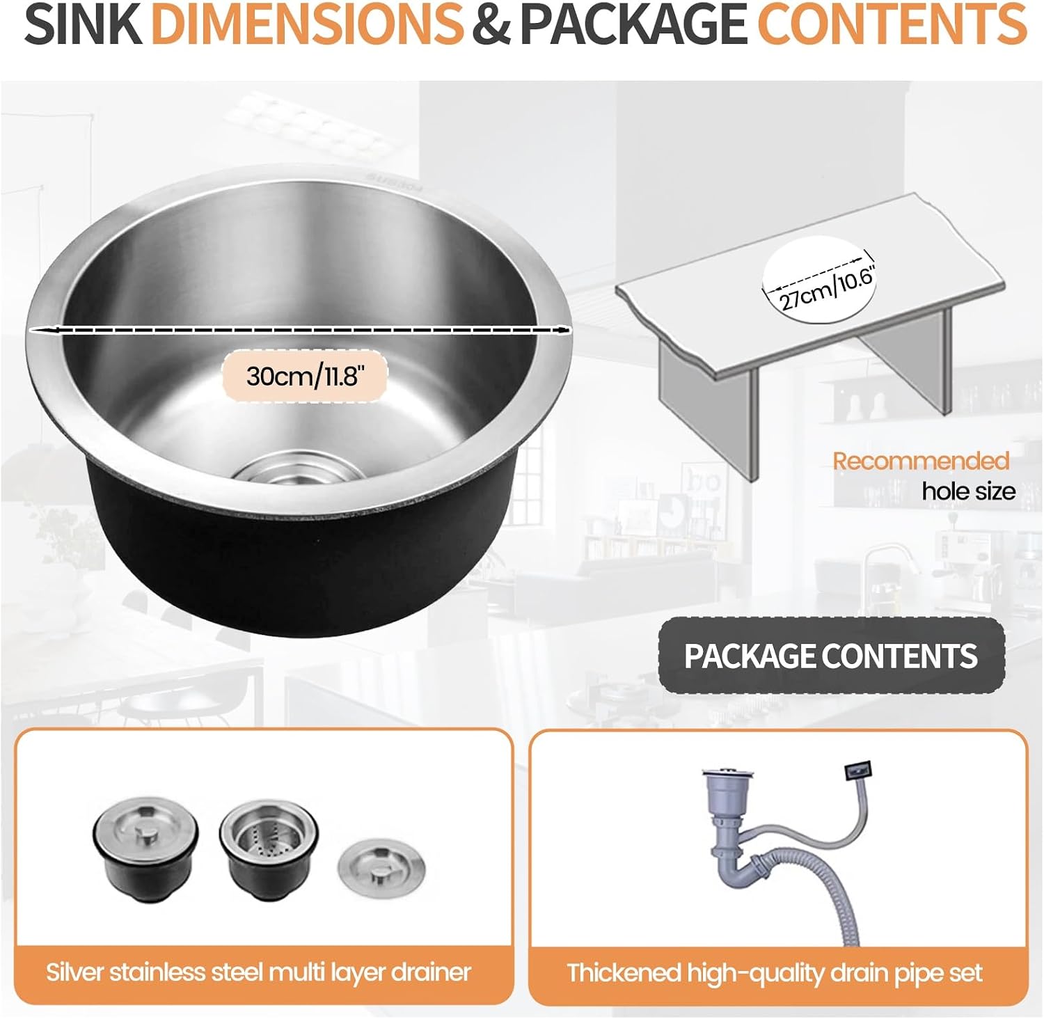 Stainless Steel Kitchen Sink, Single Bowl Sink With Drain Fittings & Overflow, Small Washing Basin, Round Pool For Utility Room, Kitchen, Bar, Pub, Drop In & Undermount(Silver,30cm)